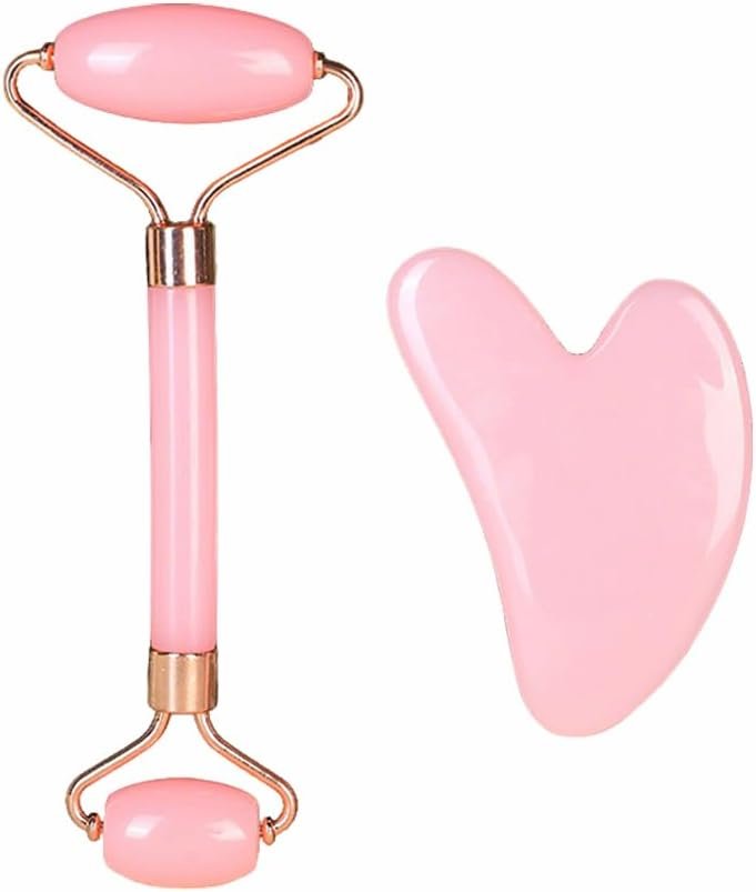 Resin Gua Sha and Face Roller Set, Dual-Action Facial Massage Tools for Skin Relaxation, Self-Care and Wellness Gift Set for Women (Pink)