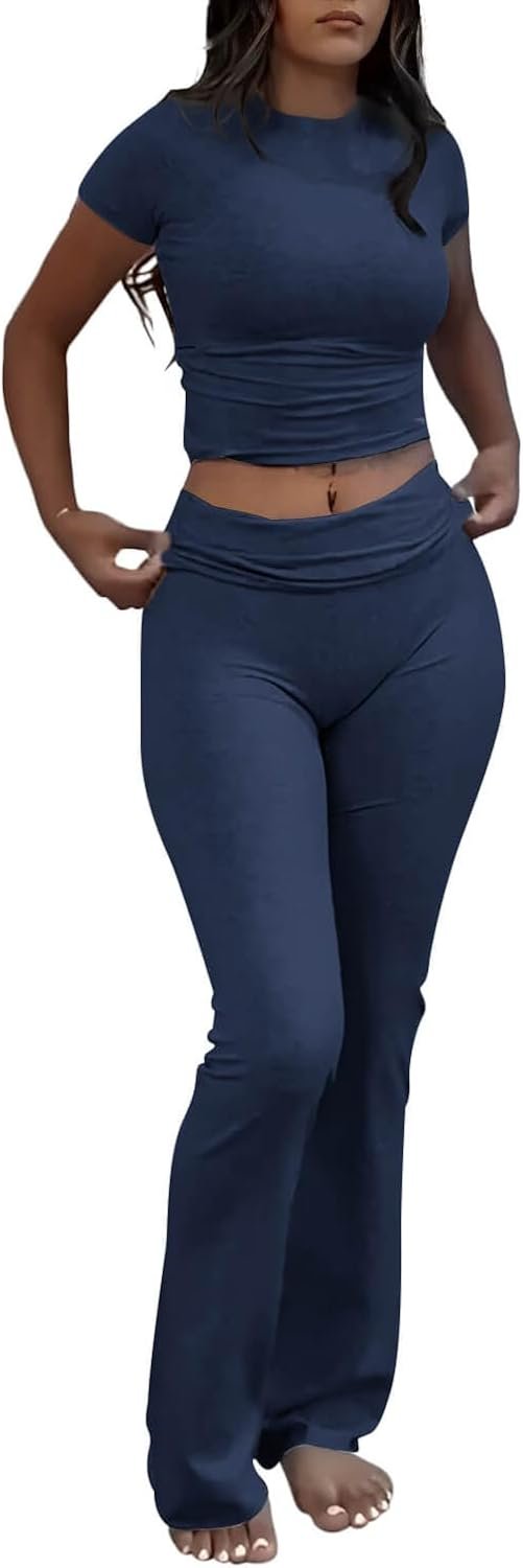 ZFLM Casual Workout Two Piece Outfits for Women Short Sleeve Crop High Waist Foldover Flare Pants Tracksuit Sets Streetwear