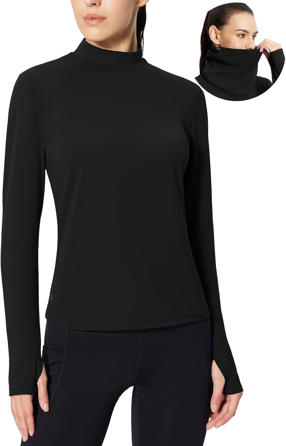 baleaf Women’s Thermal Long Sleeve Shirts Fleece Mock Neck Top Warm Undershirts with Detachable Neck Gaiter Thumbholes