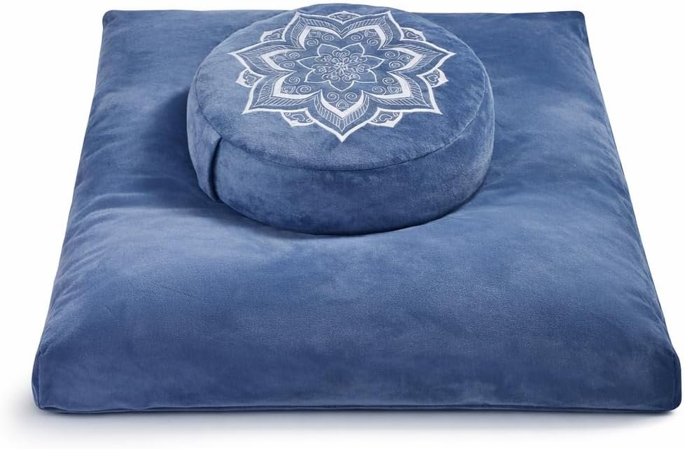 Meditation Cushion Set Zafu & Zabuton – Buckwheat Hull & Memory Foam, Adjustable Floor Pillow for Yoga, Meditation & Sitting, Removable Velvet Cover (Navy Blue)