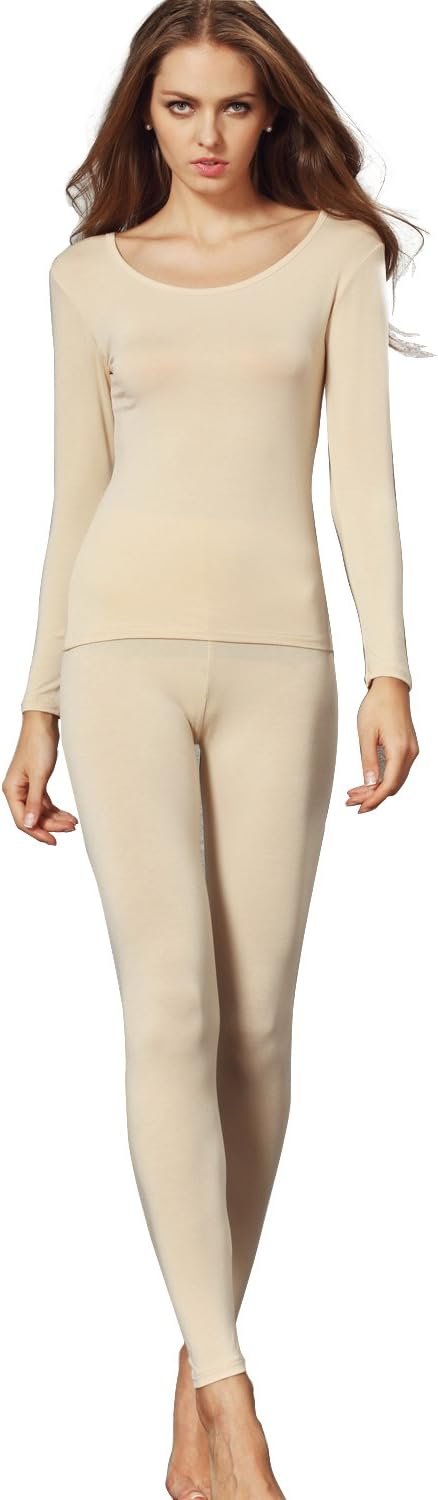 Liang Rou Women’s Crewneck Long Johns Ultra Thin Modal Thermal Underwear Top & Bottom Set