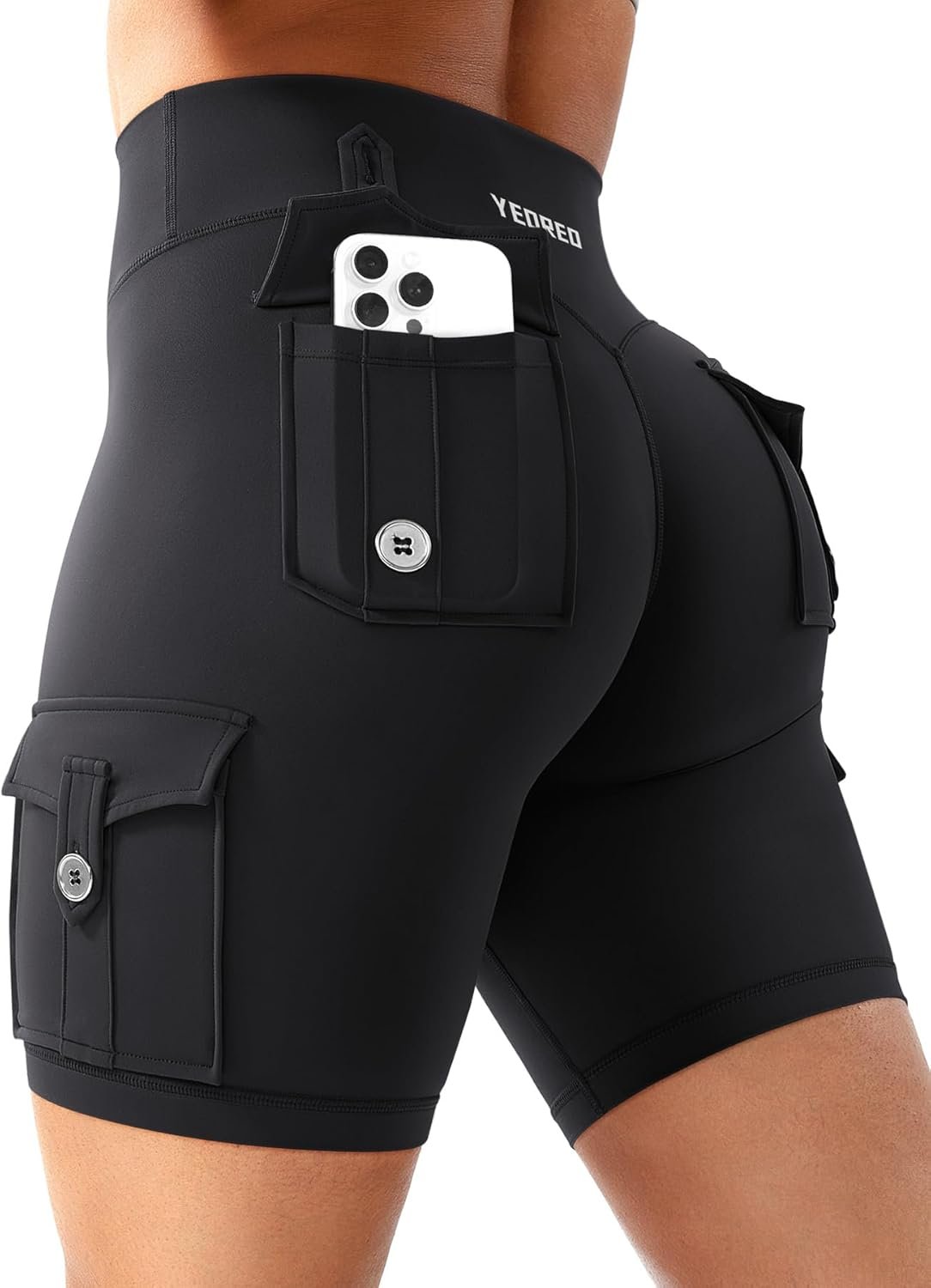 YEOREO CoreFlex Women Workout Biker Shorts with Cargo Pockets Hidden Scrunch High Waisted 8″ Inseam Gym Shorts