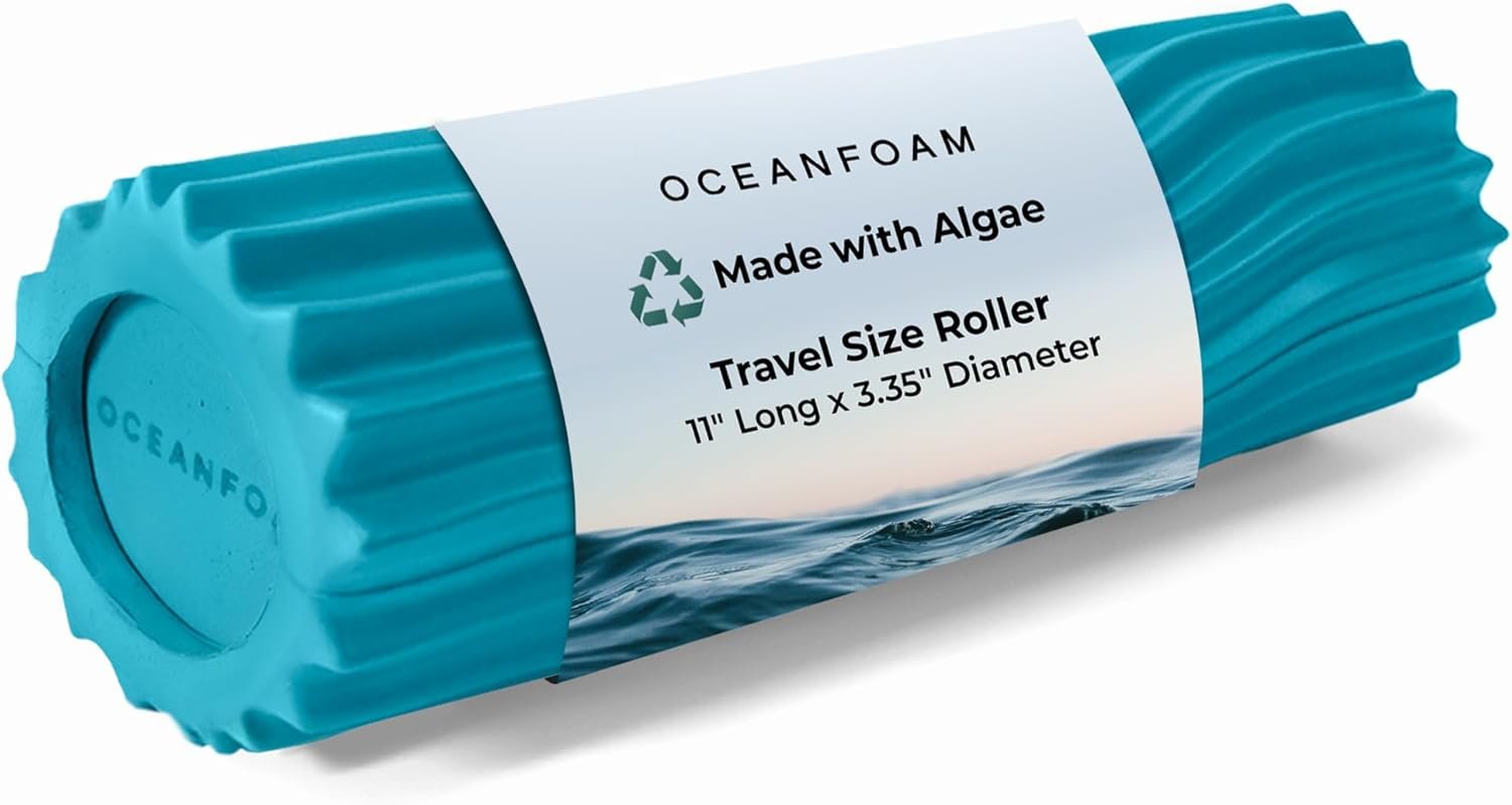 Oceanfoam Ripple Travel Foam Roller (11″ x 3.35″) Firm Mini Foam Roller for Physical Therapy, Deep Tissue Massage, Back Pain, High Density, Ergonomic Wave Textured, Yoga, Pilate, Exercise (Miami Blue)