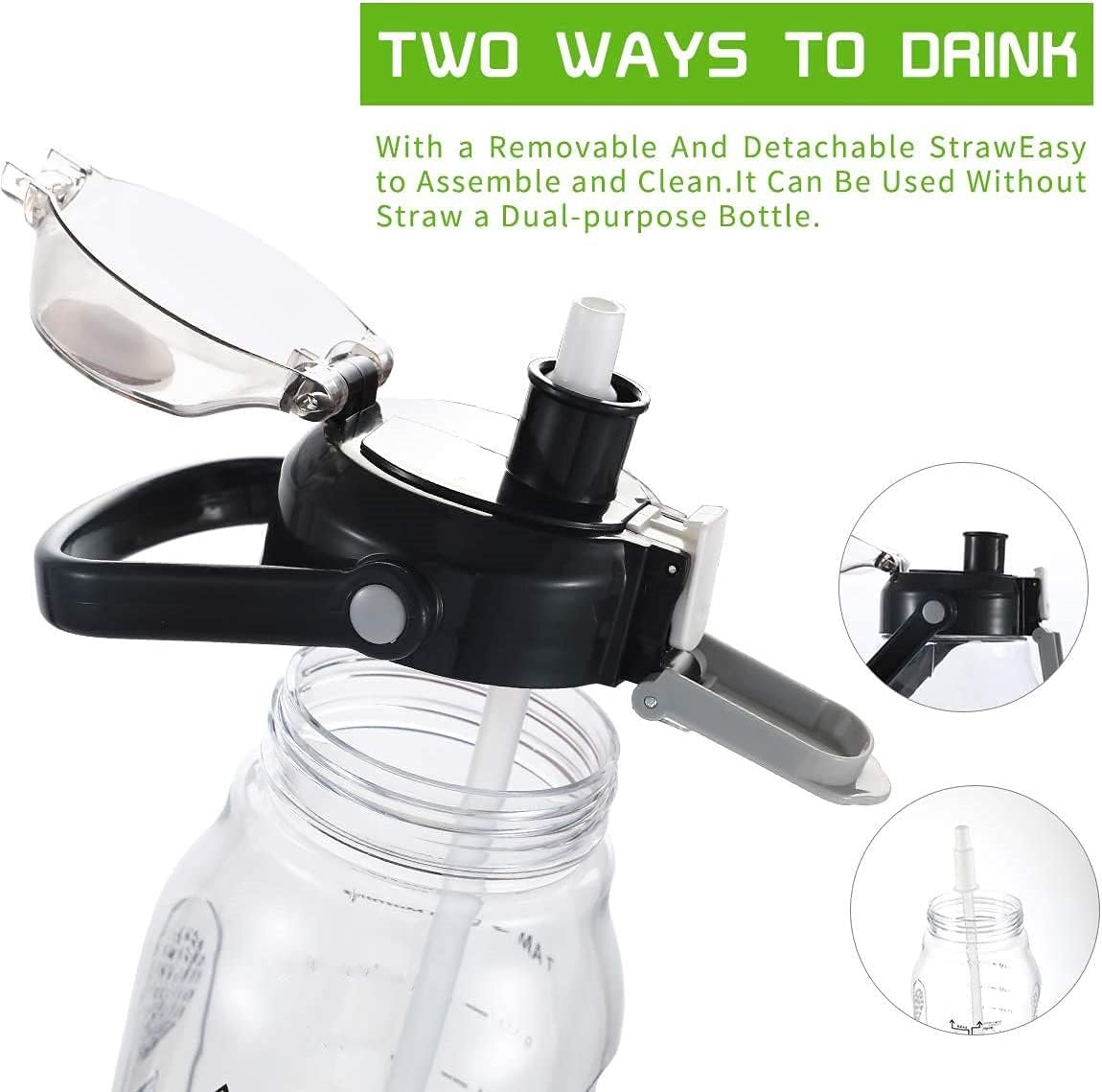 Motivational Half Gallon/64oz Water Bottle with Straw & Time Marker& Handle, Leak-Proof Tritan Water Jug for Fitness,Outdoor, Sport (Black)