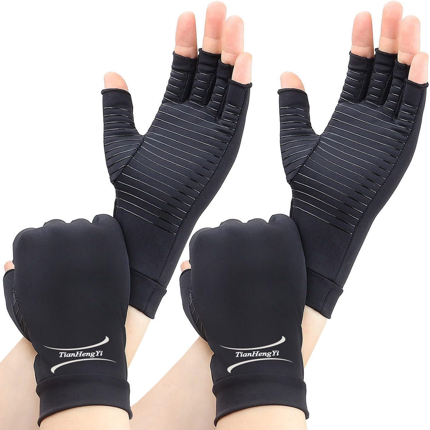 2 Pairs Copper Arthritis Gloves for Women, Compression Gloves for Men for Pain, Fingerless Hand Gloves for Carpal Tunnel, Crochet, Relieve Pain, Swelling, Support Wrist and Joint, Typing (Small)