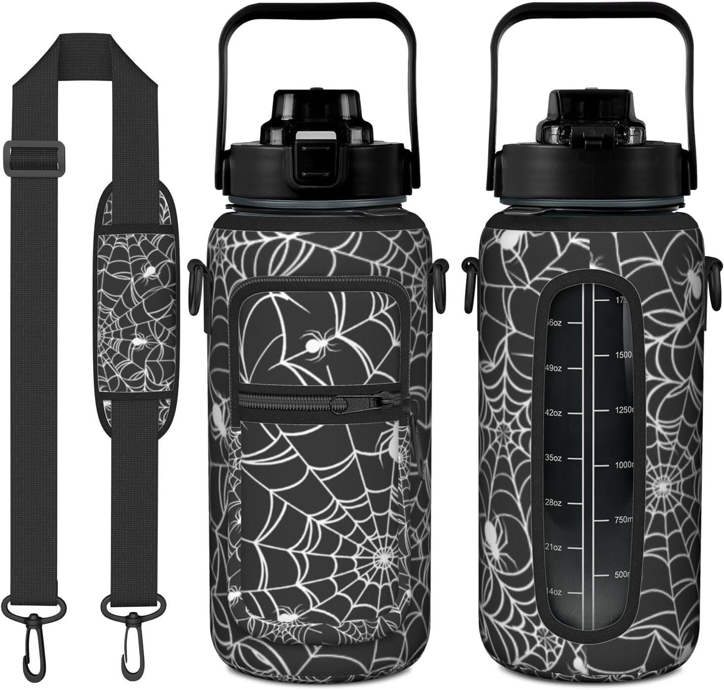 Halloween Half Gallon Water Bottle with Sleeve – Flip Top Bpa Free 64 OZ – Motivational Time Marker Leakproof Water Jug – Gothic Witchy Gifts for Women – Spider Web for Gifts