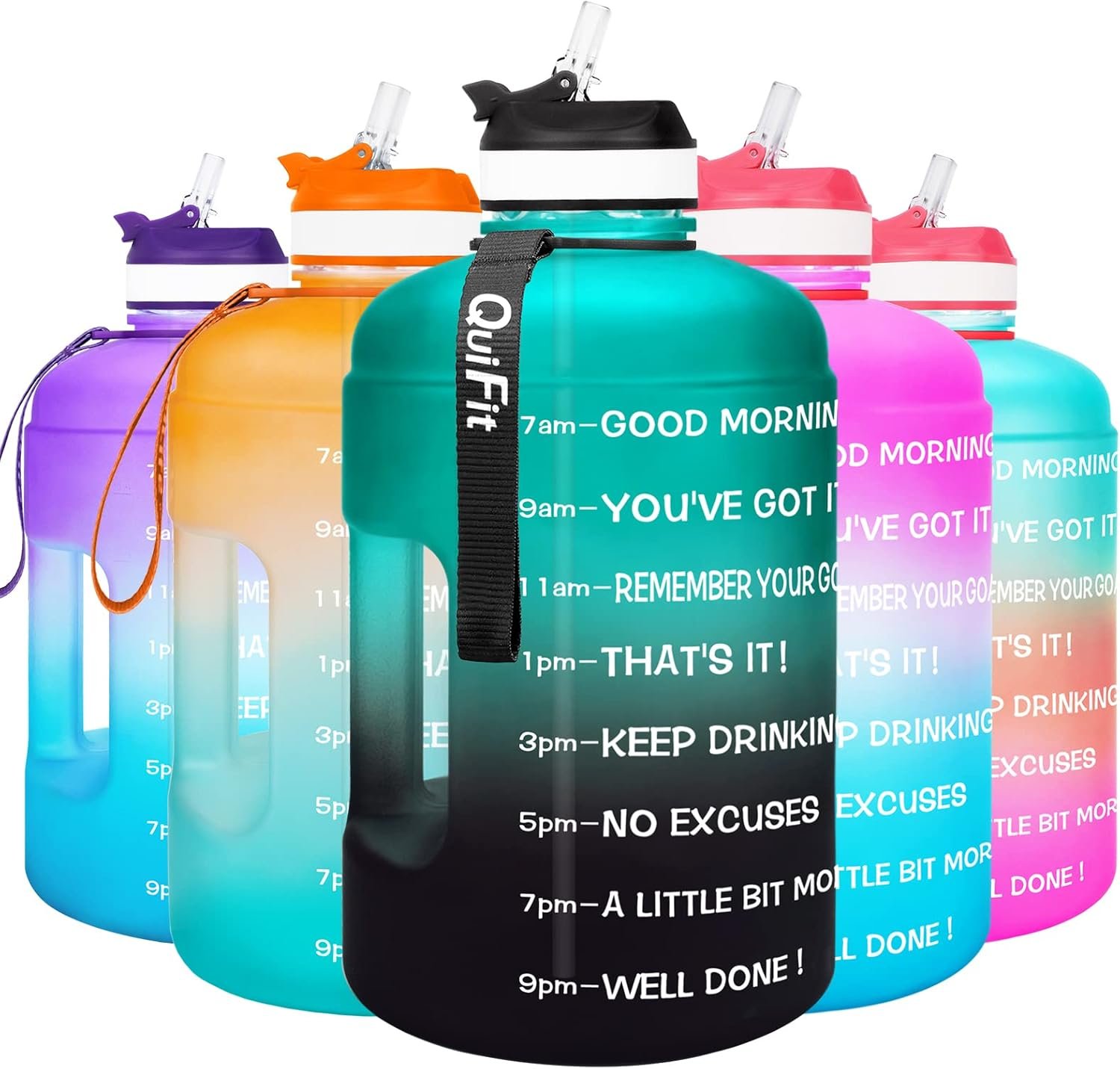QuiFit Motivational Gallon Water Bottle – with Straw & Time Marker BPA Free Large Reusable Sport Water Jug with Handle for Fitness Outdoor Enthusiasts Leak-Proof