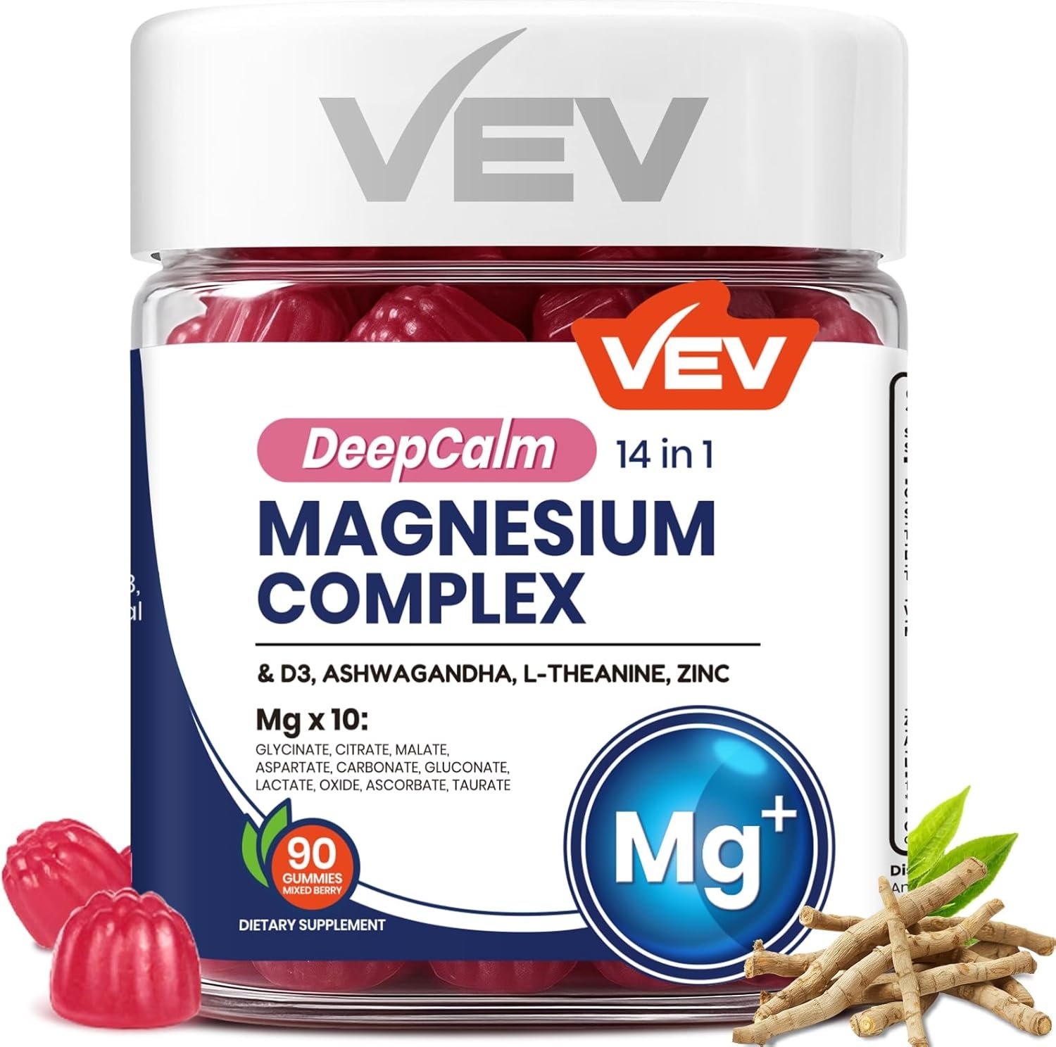 VEV Deep Calm Magnesium Complex 14-in-1 Gummies – 90 Count (Pack of 1) – with D3, Ashwagandha, L-theanine, Zinc – No Added Sugar Vegan Magnesium Glycinate Gummies – Magnesium Complex for Women and Men