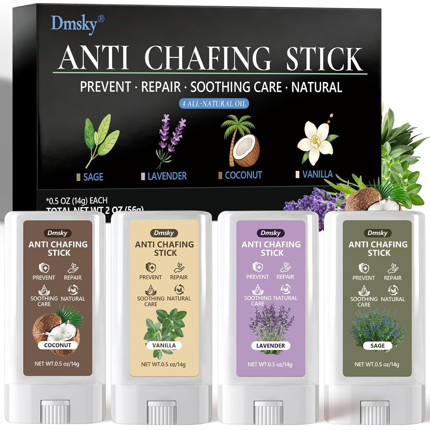 Dmsky 4 Flavors Anti Chafe Balm,Anti Chafing Stick for Men and Women,Chafing Stick with Added Emollients for Dry, Sensitive Skin,Use on Arm,Underarm,Chest,Bra Line,Thigh Chafing,Mini 0.5 OZ