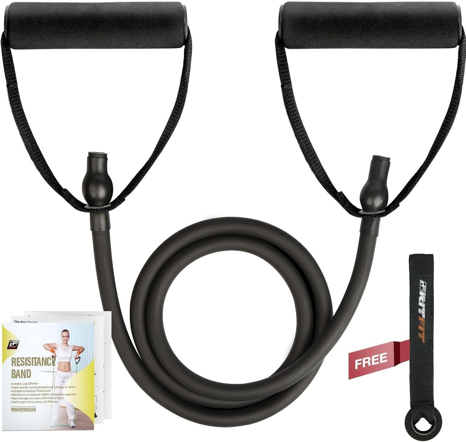 RitFit Single Resistance Exercise Band with Comfortable Handles – Ideal for Physical Therapy, Strength Training, Muscle Toning – Foam Padding Door Anchor and Starter Guide Included