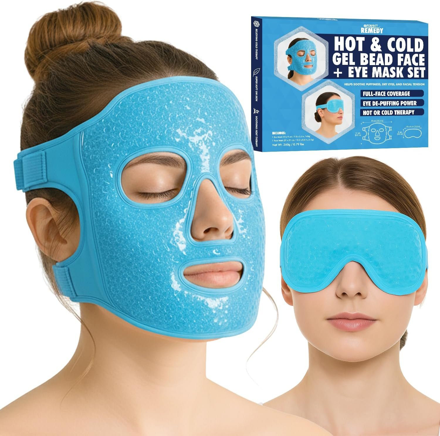 Perfect Remedy Ice Face Mask and Cooling Eye Masks for Puffy Eyes, Versatile Gel Bead Face Ice Pack and Cooling Eye Kit for Overall Facial Tension and Discomfort, Use for Hot or Cold Therapy (Blue)