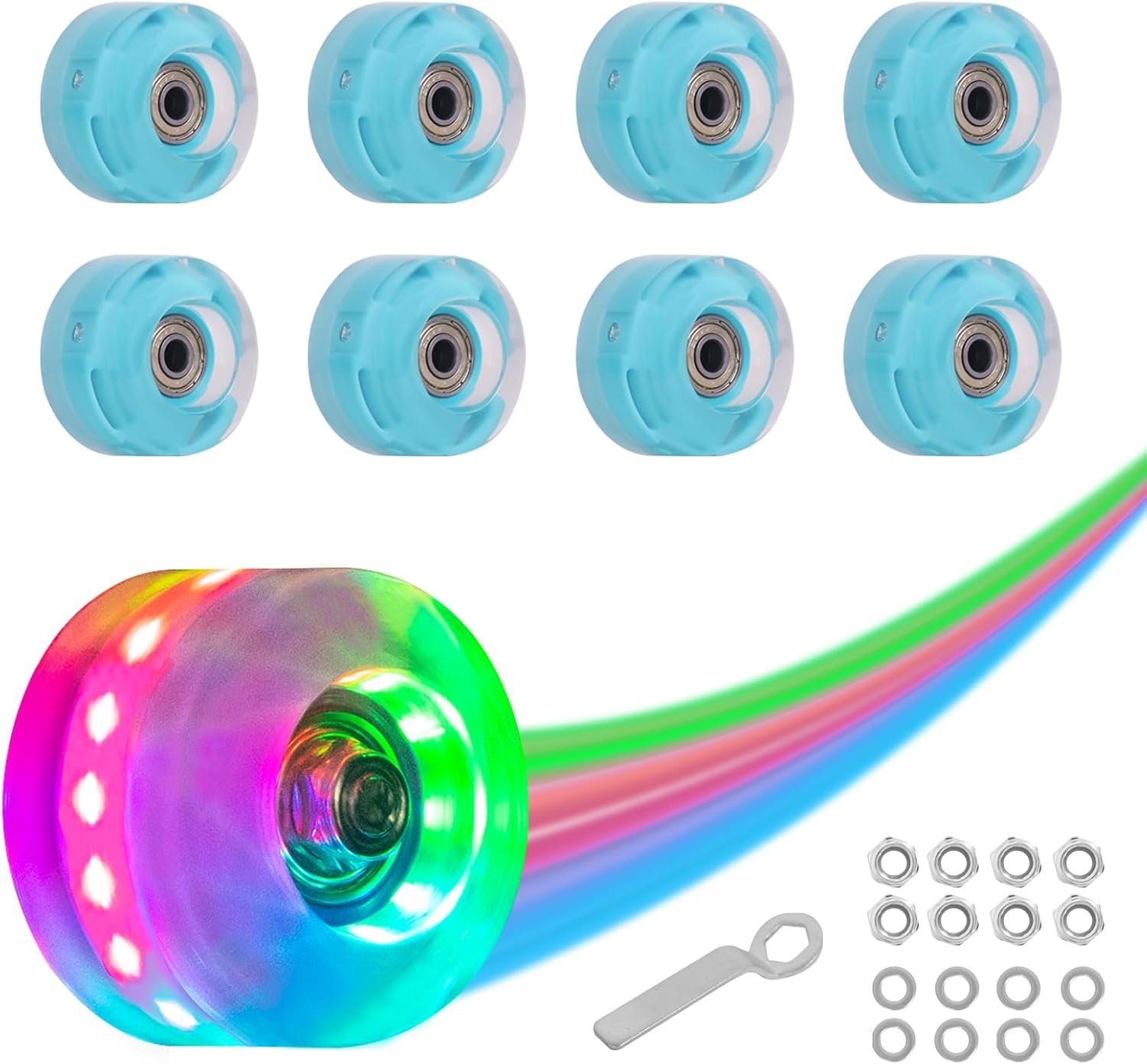Nattork 8 Pack 82A Light up Roller Skate Wheels 54 * 32mm with Bearings Installed Luminous Quad Light Up Wheels Skating Accessories For Double Row Skates Outdoor And Indoor Use