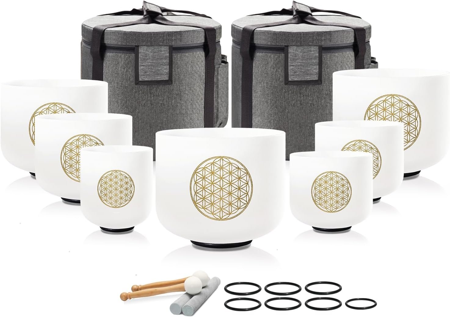 Singing Bowl 432 Hz Chakra 7PCS of 6-12 Inch Flower of Life Sound Bowl Meditation Set for Healing,Free 2 PCS Travel Carry Case Bag.