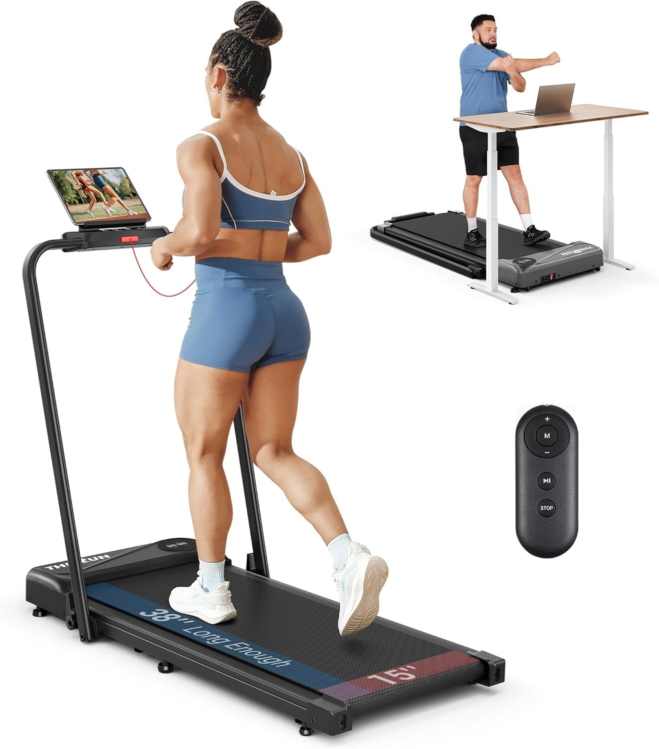 THERUN Walking Pad, 2 in 1 Foldable Treadmills for Home, 2.5HP Under Desk with Handle Bar, 16″ Widened Running Belt, with Remote Control