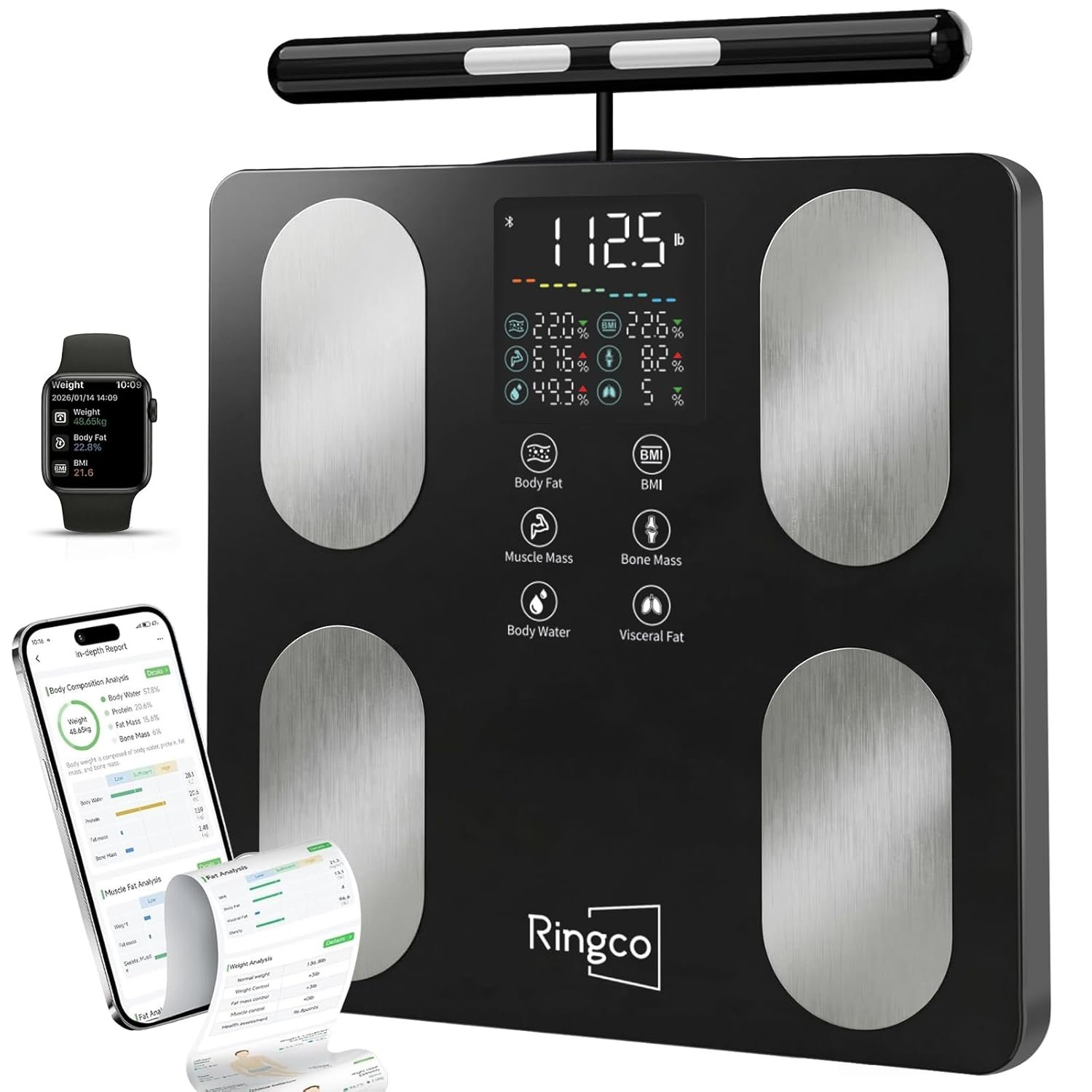Ringco Body Pod Scale, Smart Scale with BMI Body Fat Muscle Mass, 8-Electrode High Precision Digital Bathroom Composition Analyzer with 12.2″ Large Platform and 4.8″ Display