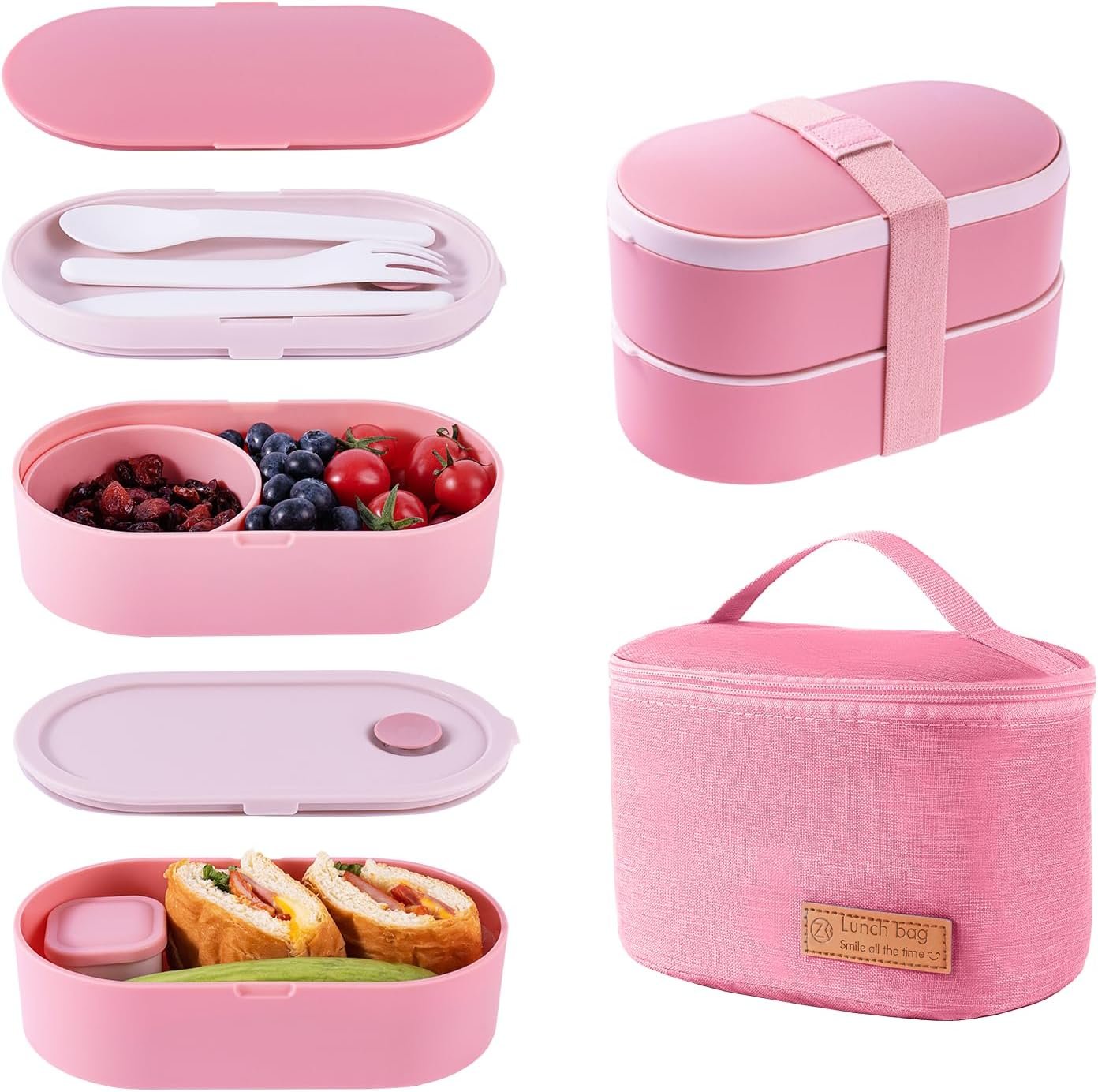 Bento Lunch Box Set -2 Stackable Adult And Women’s Lunch Boxes – Including Lunch Bag, Leak Proof And Bisphenol Free A – Built-In Cutlery Set – Dishwasher Safe (Pink)