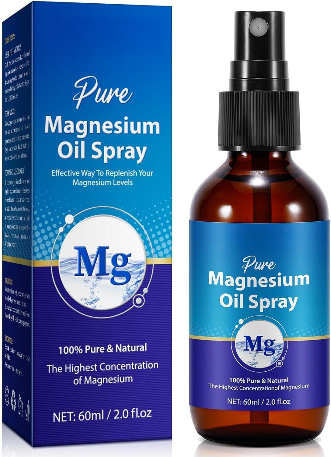 Natural Magnesium Oil Spray – 60 mL (2.0 fl oz) | Magnesium Chloride Topical Body & Foot Mist, Alcohol-Free Formula – Leak-Proof Bottle