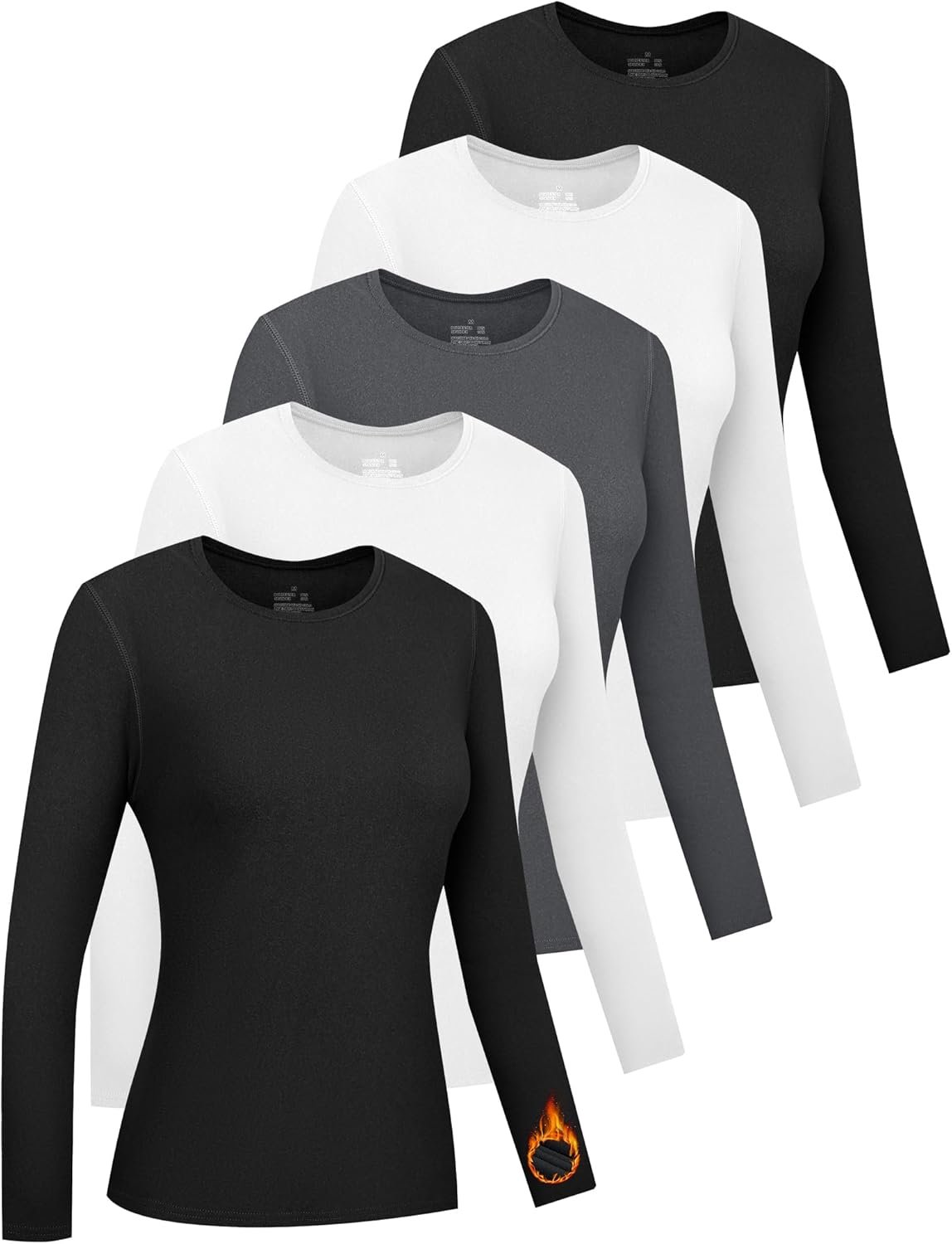 HOPLYNN 5 Pack Womens Long Sleeve Thermal Shirts Crew Neck Double Sided Fleece Lined Baselayer Tops for Cold Weather