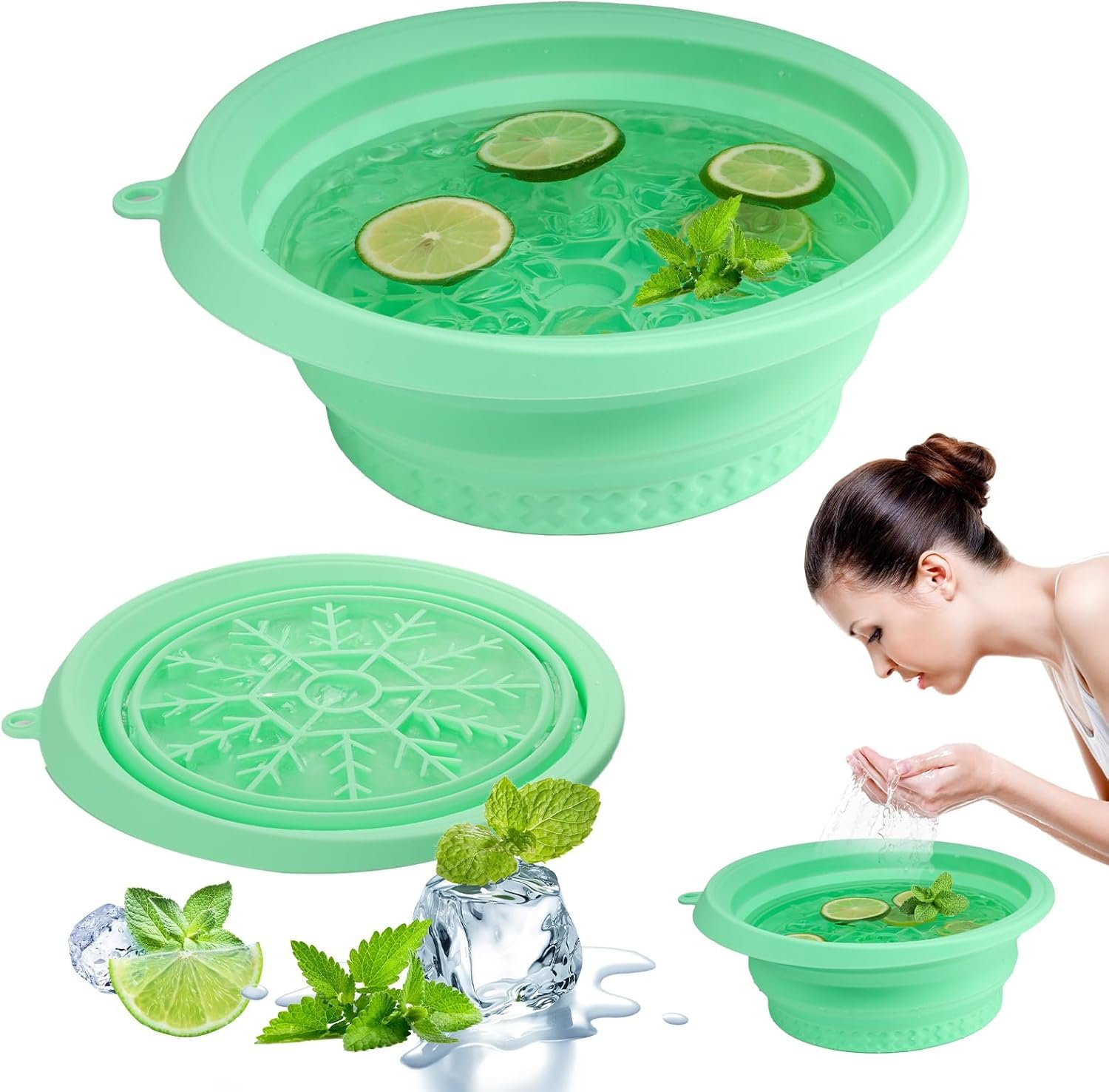 Ice Bowl for Face with Built-in Ice Tray, Foldable Silicone Face Bowl for Ice, Facial Ice Bath Bowl, Skin Tightening & Acne Relief, Portable Ice Face Bowl for Home Travel – Green