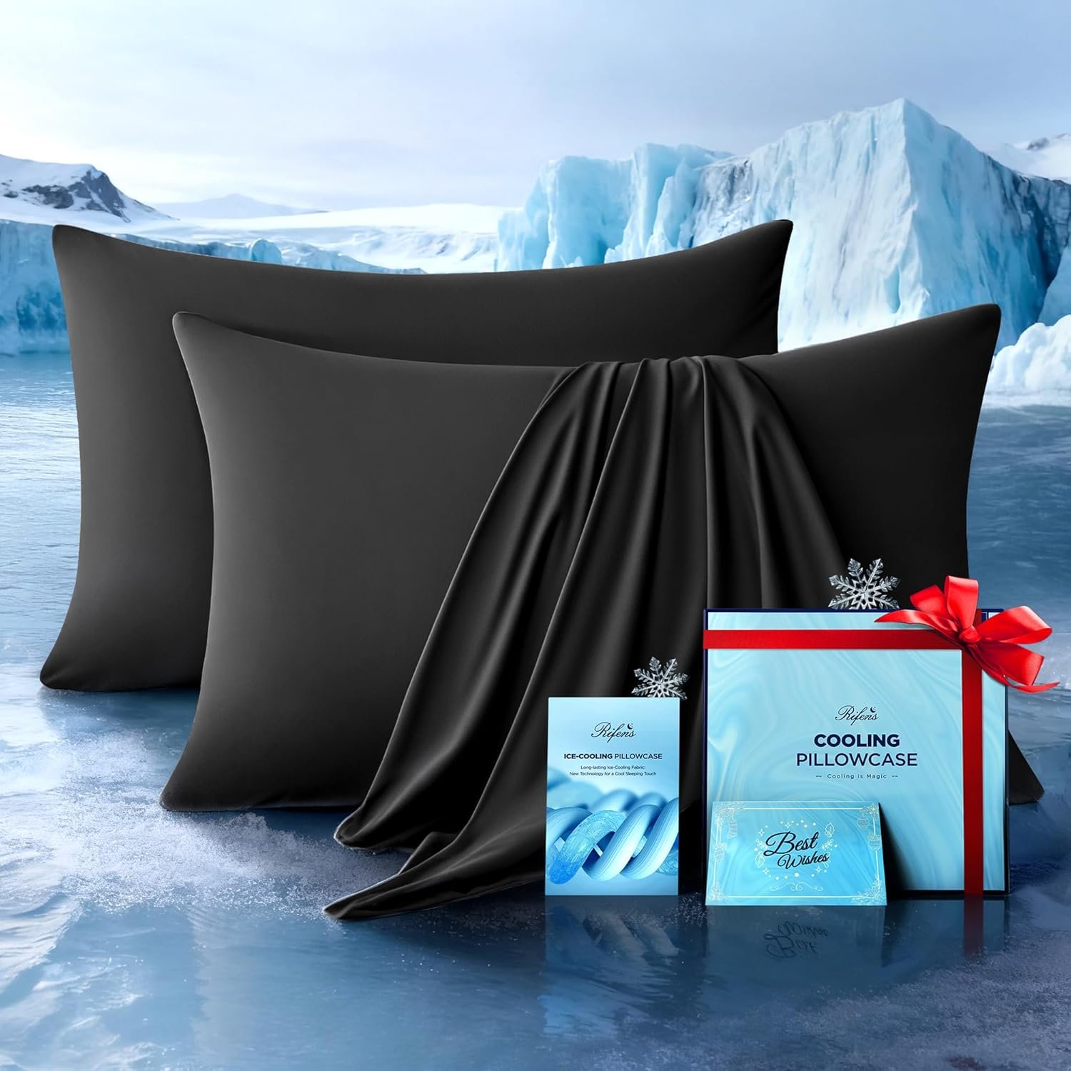 Ultra-Chill Cooling Pillowcase Set of 2 for Hot Sleepers, Softer Than Silk Pillow Cases for Protecting Hair & Skin, Breathable Bed Pillow Covers w/Zipper, Gifts for Women Men (Black, Standard)
