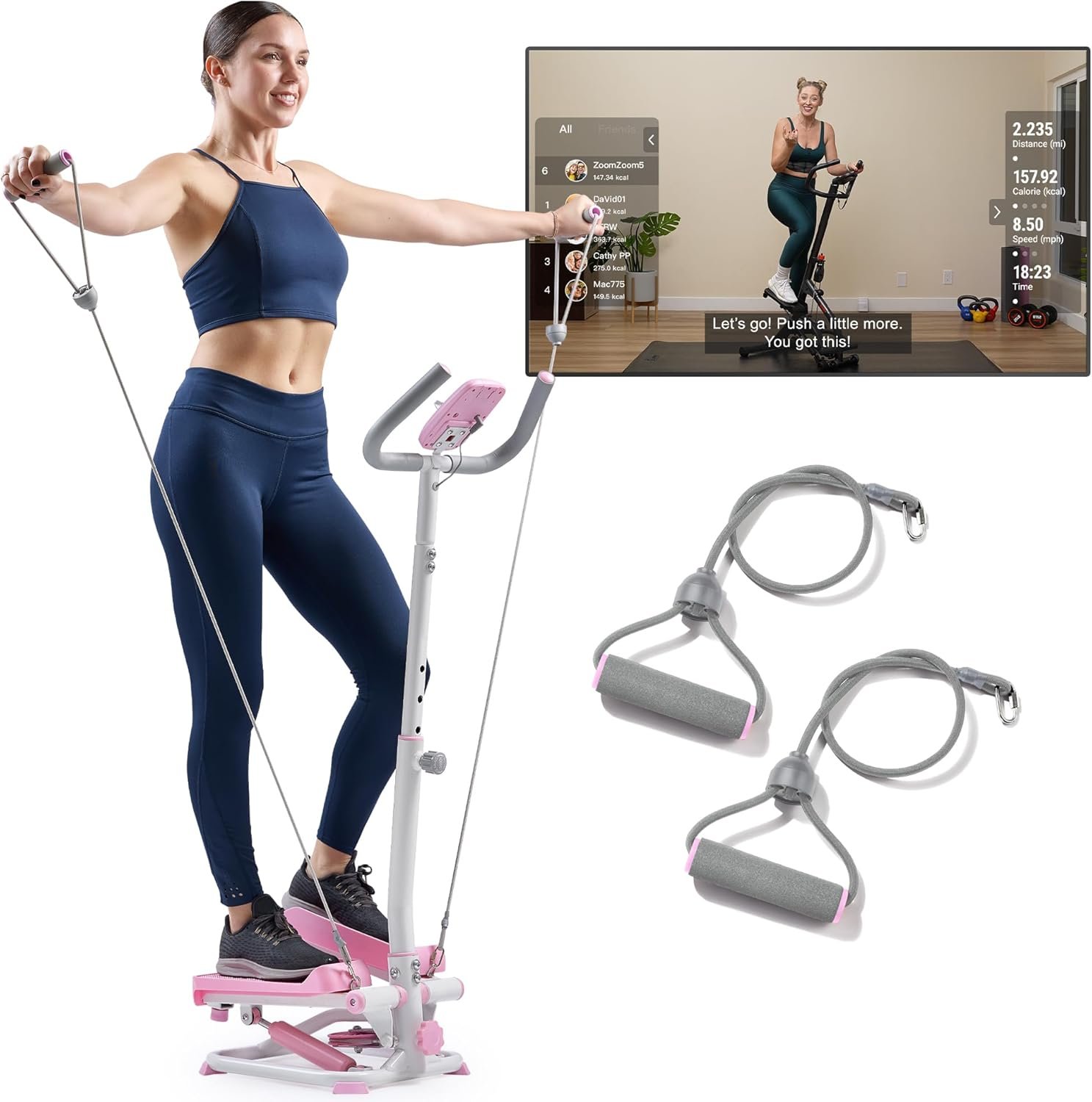 Sunny Health & Fitness Total Body 2-in-1 Smart Stepper Machine for Home with Handlebar and Resistance Bands