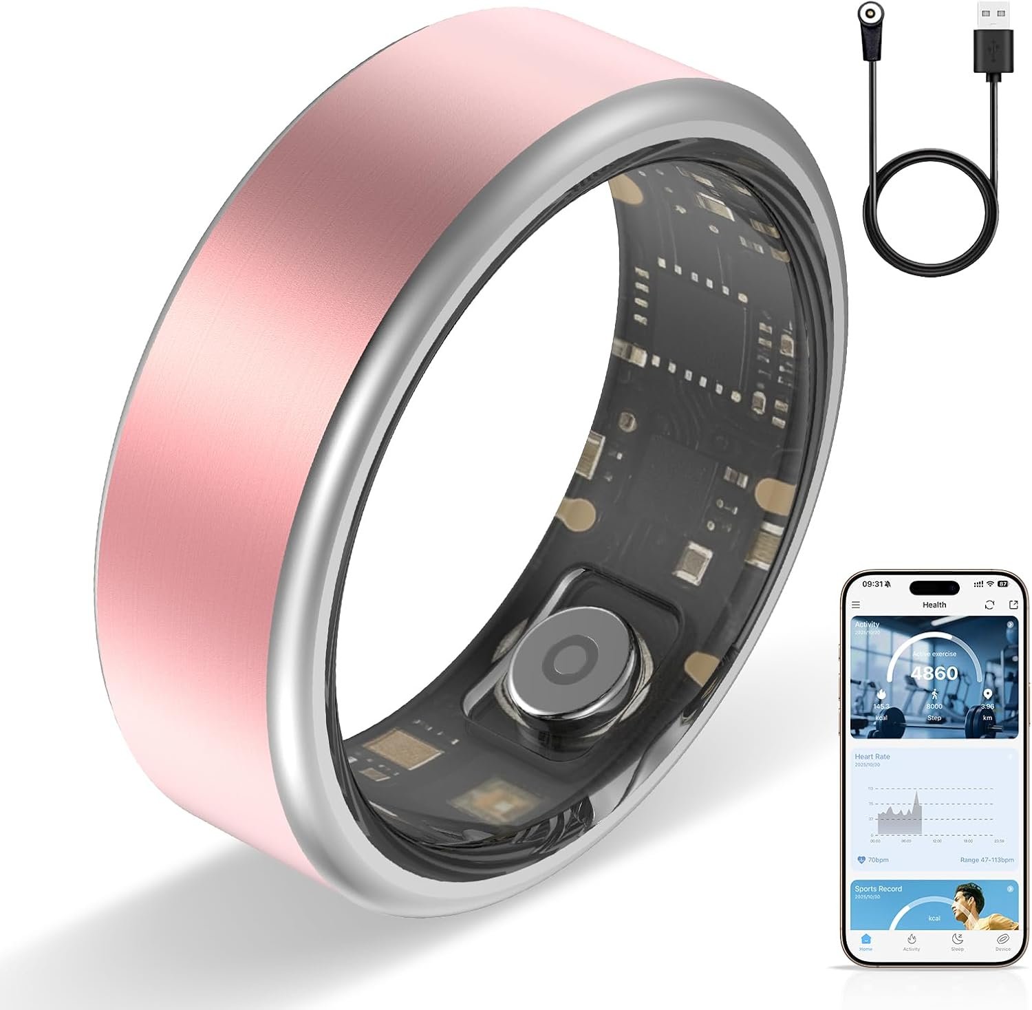 Smart Ring Fitness Tracker with Long-Lasting Battery Chip Monitors Heart Rate Blood Oxygen Levels Records Sleep Step Count Waterproof Function Christmas/Valentine’s Day Gift Pink 8