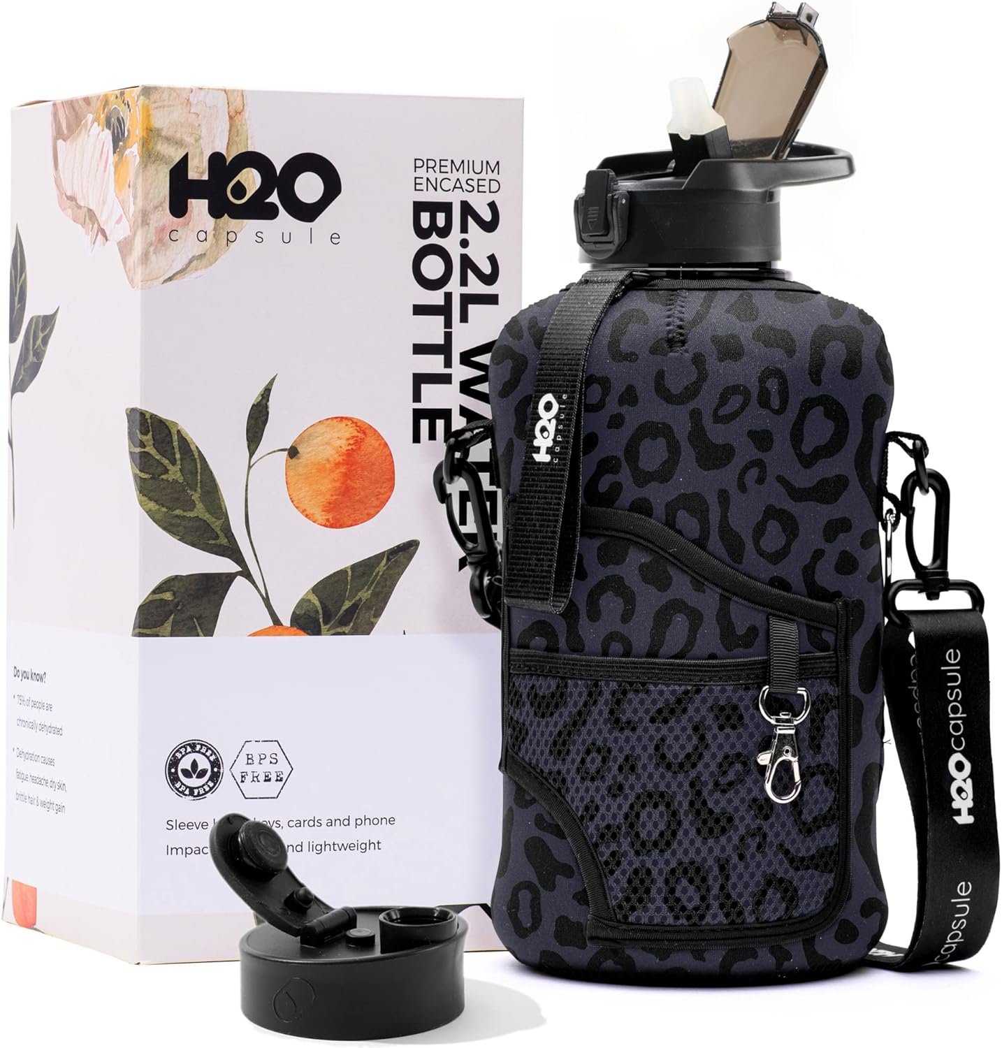 H2O Capsule 2.2L Half Gallon Water Bottle with Storage Sleeve and Removable Straw – BPA Free Large Reusable Drink Container with Handle – Big Sports Jug, 2.2 Liter (74 Ounce), Black Leopard