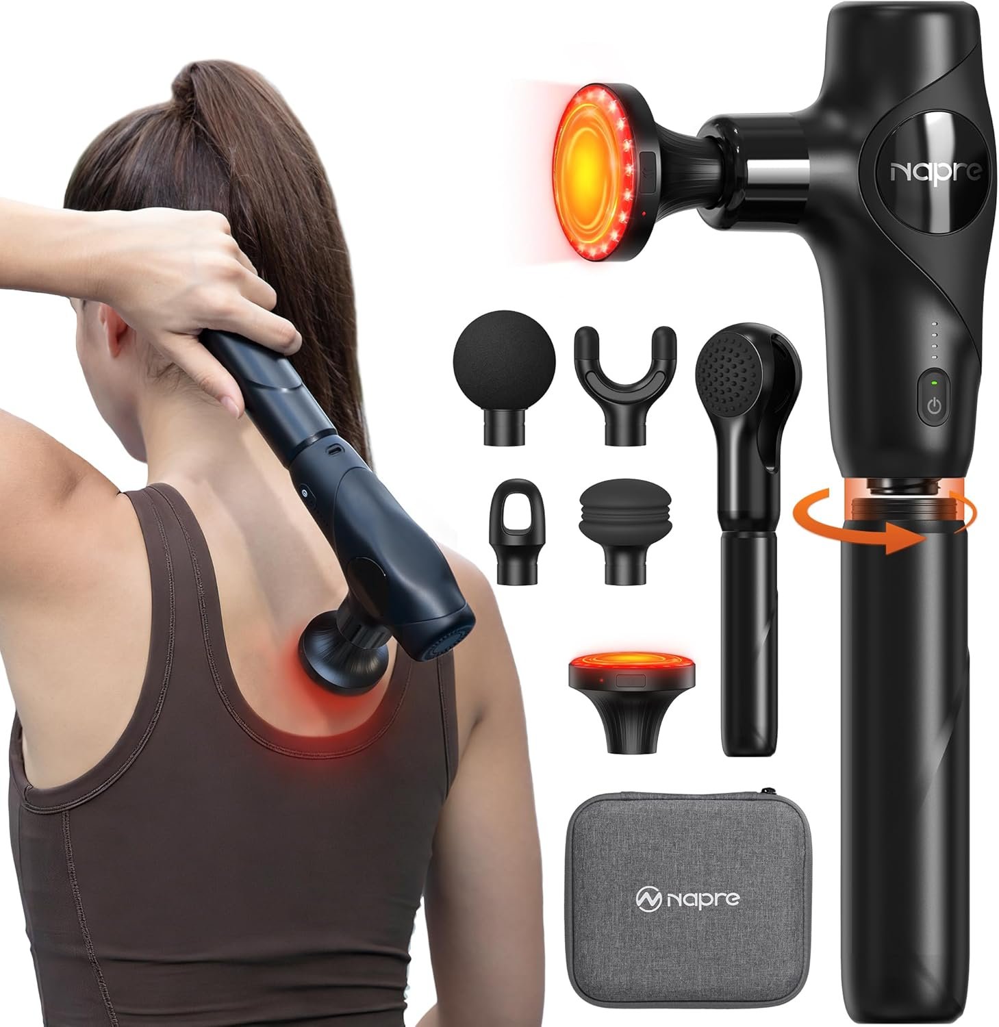 NAPRE 3-in-1 Detachable Massage Gun with Heat,Mini Massage Gun Deep Tissue with Extension Handle,Portable Handheld Percussion Muscle Massager for Back/Neck/Body,Small & Quiet,5 Heads,Mothers Day Gifts