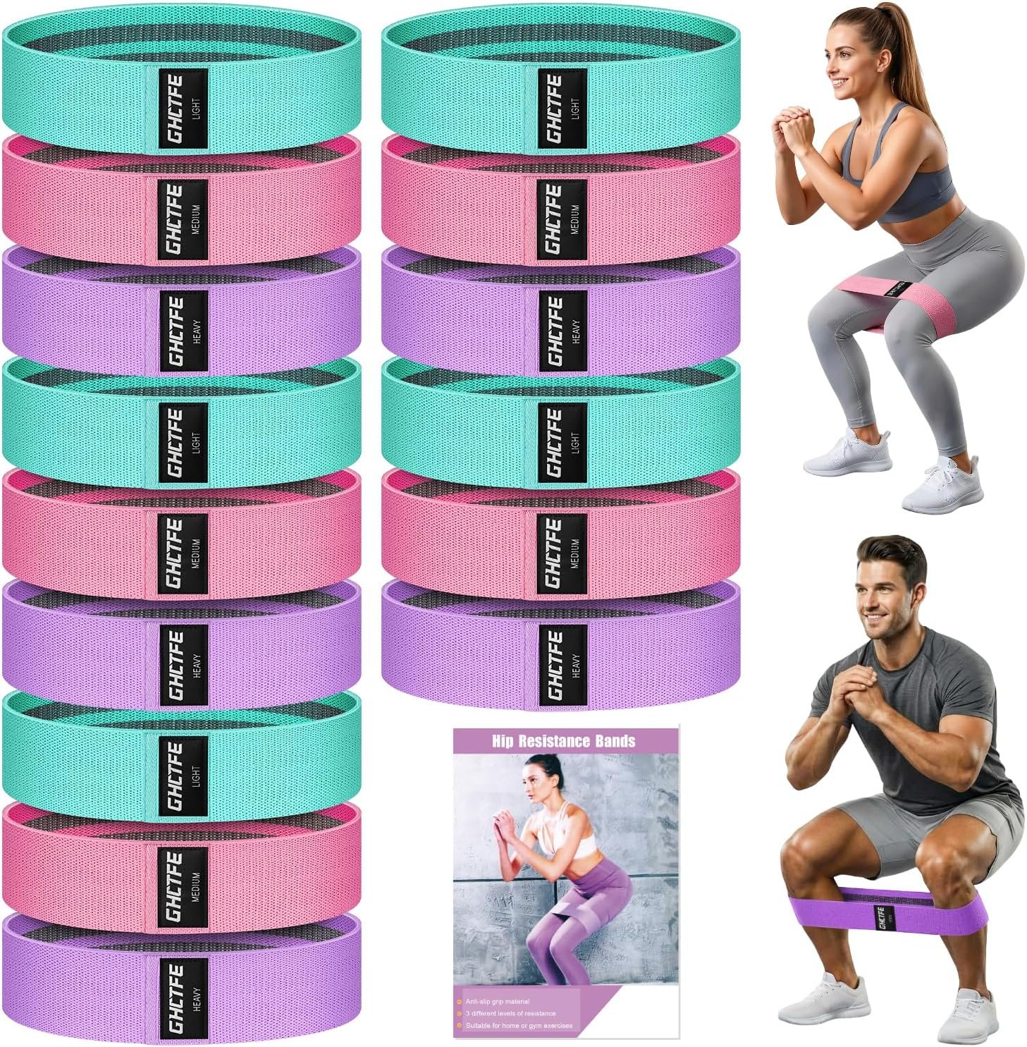 15PCS Fabric Resistance Bands for PT& Yoga Class, Athletes Training, Home Gym Exercise, Non-Slip Booty Bands Bulk Set for Glute, Leg Bands for Women, 3 Resistance Levels with Carry Bag