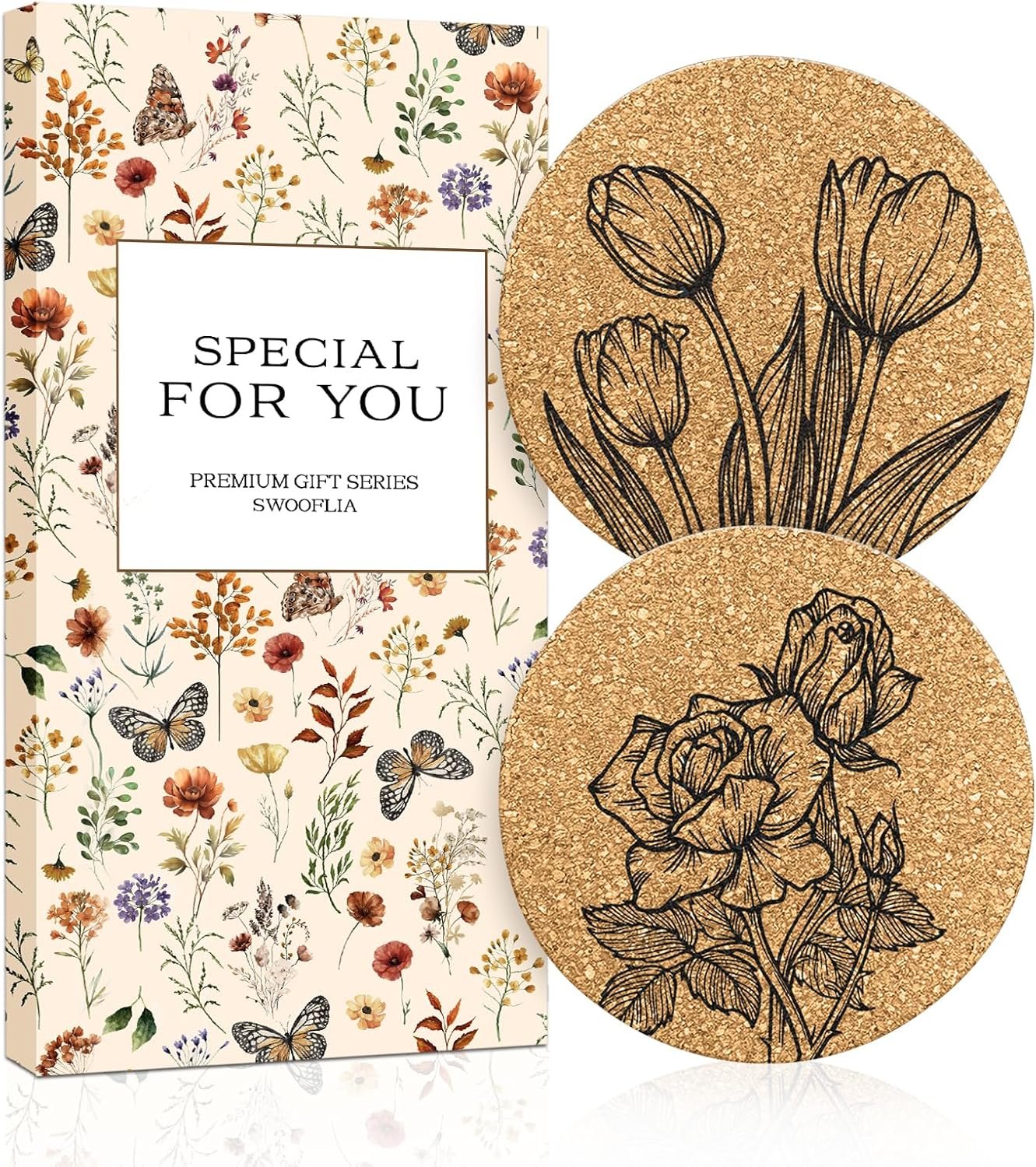 Swooflia Car Coasters for Women – Flower Cork Car Cupholder Coaster Cool Absorbent Mat Coaster with Cork Base 2 Pack Automotive Cup Holder Accessories New Driver Gifts for Decor