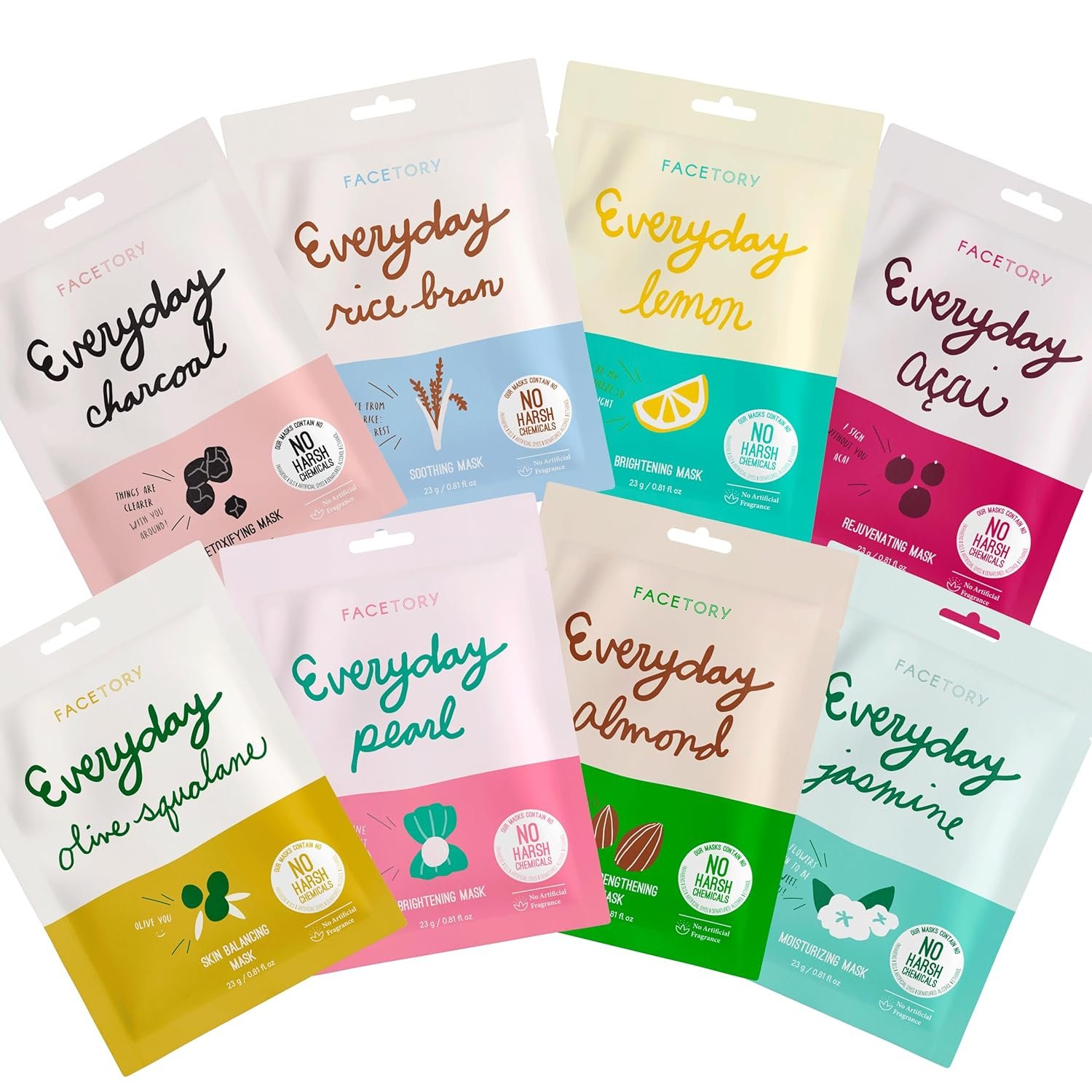 FACETORY K Beauty Face Mask Skin Care – EVERYDAY 8 COLLECTION Sheet Mask Set | Natural Premium Korean Face Mask For All Skin Types – No Sulfates No Parabens (8 pc)