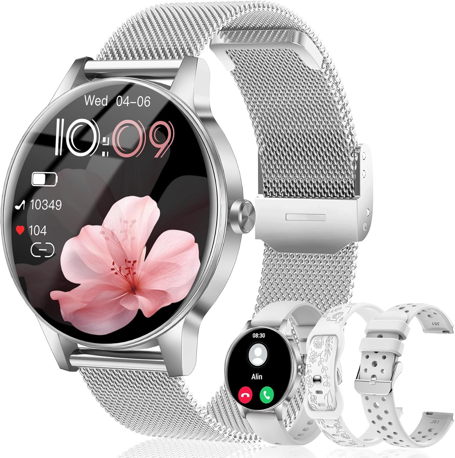Smart Watches for Women, 1.27” TFT Fitness Watch With Bluetooth Answer/Make Call,24H Heart Rate/SpO2/Sleep Monitor/Menstrual Cycle/120+ Sports Fitness Tracker for iPhone Android iOS(4 Straps,Silver)
