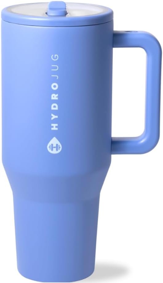 HydroJug Traveler – 32 oz Water Bottle with Handle & Flip Straw – Fits in Cup Holder, Leak Resistant Tumbler-Reusable Insulated Stainless Steel & Rubber Base – Gifts for Women & Men, Light Blue