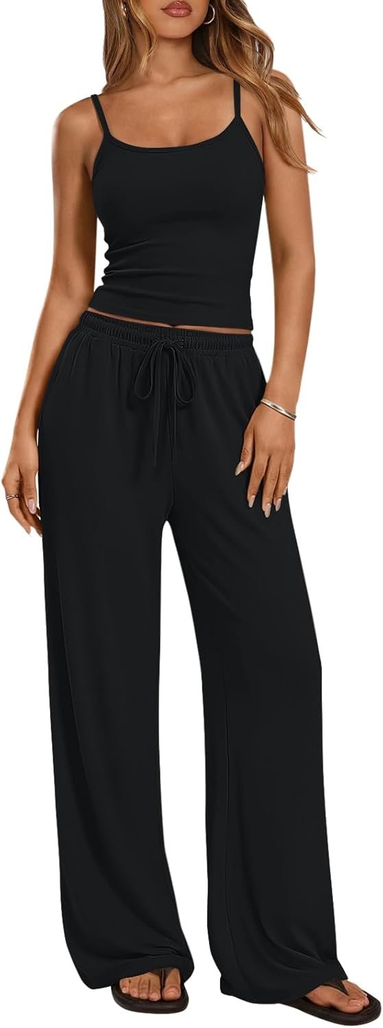 Trendy Queen Women’s 2 Piece Lounge Set Spring Outfits – Camisole Top & Wide Leg Pants