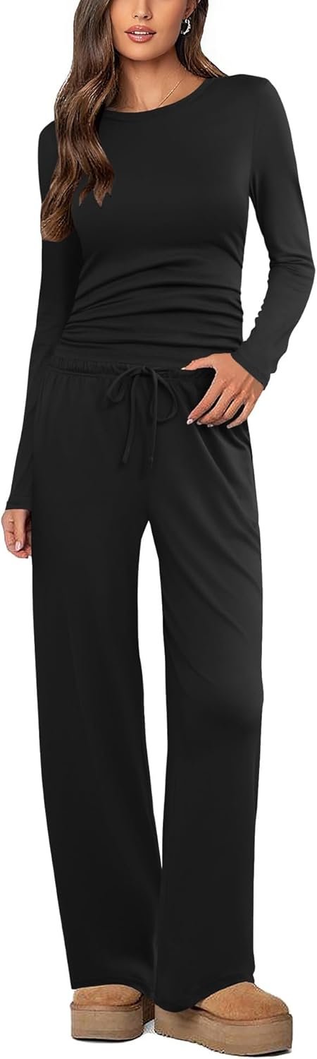 Ekouaer Women’s 2 Piece Lounge Sets Pajama Set Long Sleeve Ruched Waist Top and Wide Leg Tracksuits Fall Outfits with Pockets