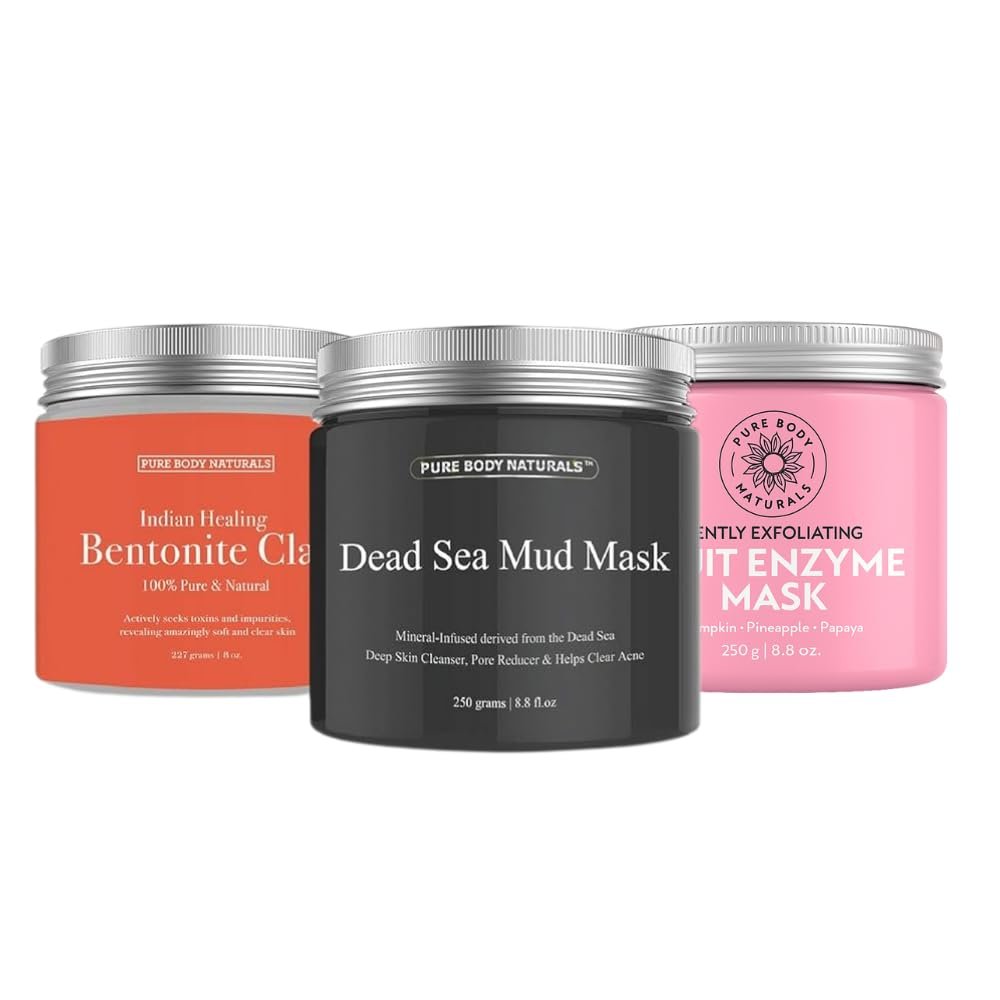 Pure Body Naturals Face Mask Gift Set for Women – 3-Pc Spa Face Mask Kit with Bentonite Clay, Dead Sea Mud Mask & Fruit Enzyme Mask – Self-Care & Skincare Gift for Radiant, Glowing Skin (8.8 oz. Each)