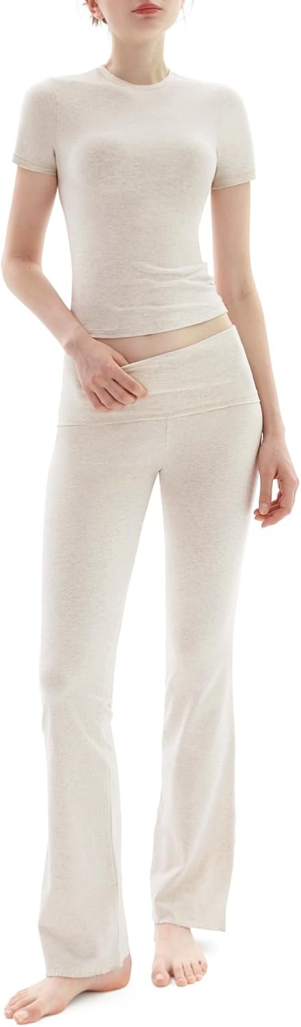 PUMIEY Women’s 2 Piece Lounge Sets Short Sleeve Tops Fold-Over Flare Pants Casual Outfits Matching Set Nap Collection