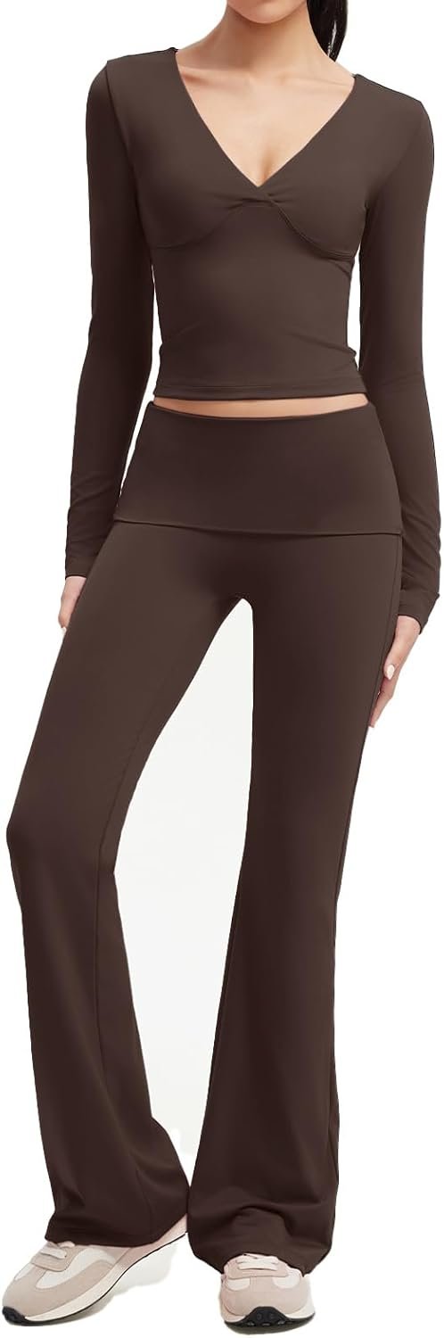 SUUKSESS Women 2 pieces Lounge Sets Long Sleeve V Neck Tops Fold Over Flare Leggings