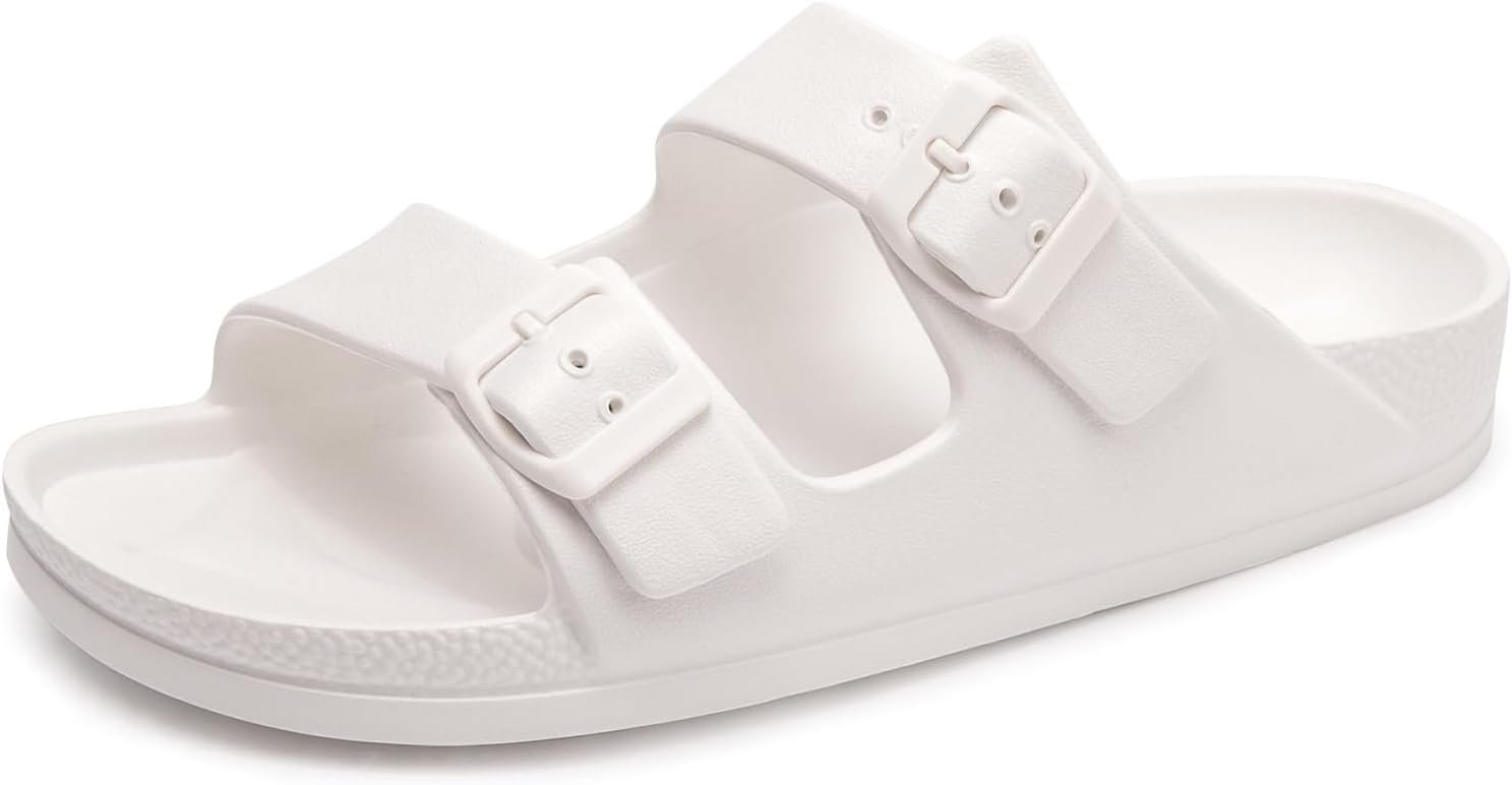 FUNKYMONKEY Women’s Comfort Slides with Arch Support, Non-Slip Lightweight Foam Slip-on Flat Beach Sandals with Adjustable Buckle for Vacation & Everyday Wear