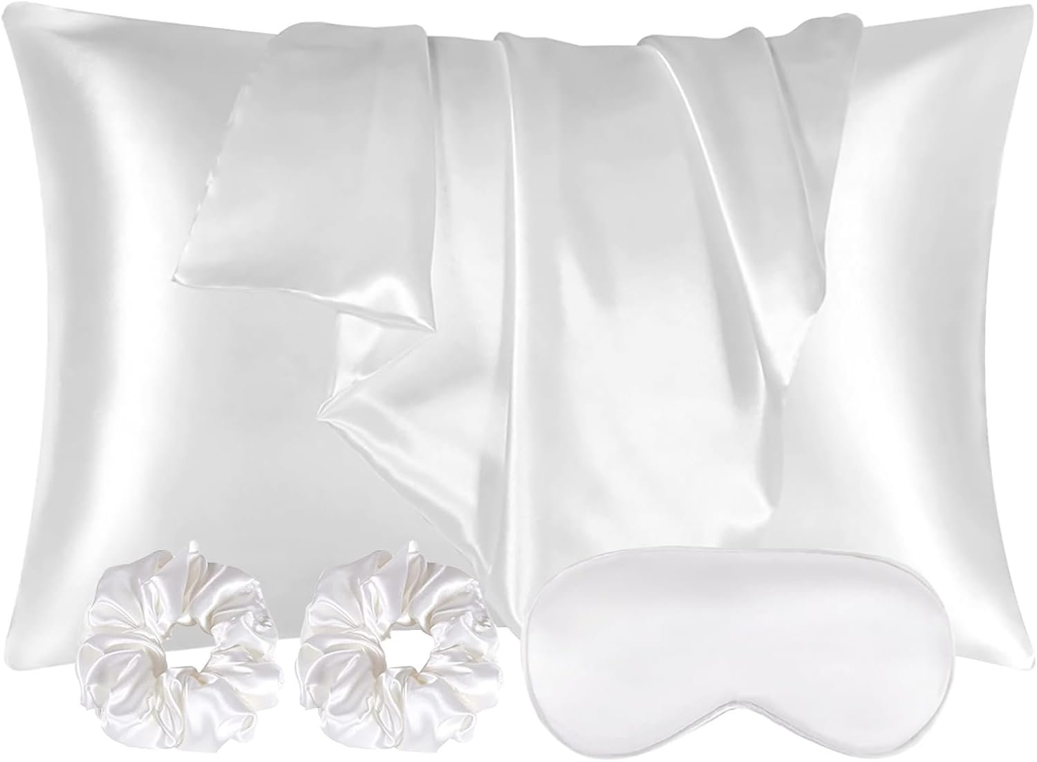 AUAUY 2 Pack Satin Silk Pillowcase, 19.69×31.50inches Silk Pillowcases for Hair and Skin with 2PCS Satin Hair Scrunchies&Eye Mask, Soft Slip Beauty Sleep Satin Pillowcase, Gifts for Women Men(White)