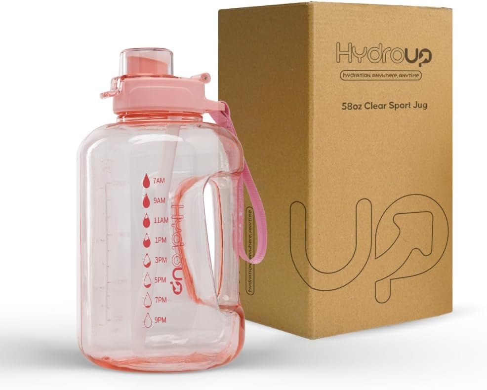 Sport Jug 58oz – Large Clear Plastic Water Jug with 2-in-1 Straw & Chug Lid, Motivational Time Markers, BPA-Free, Leakproof