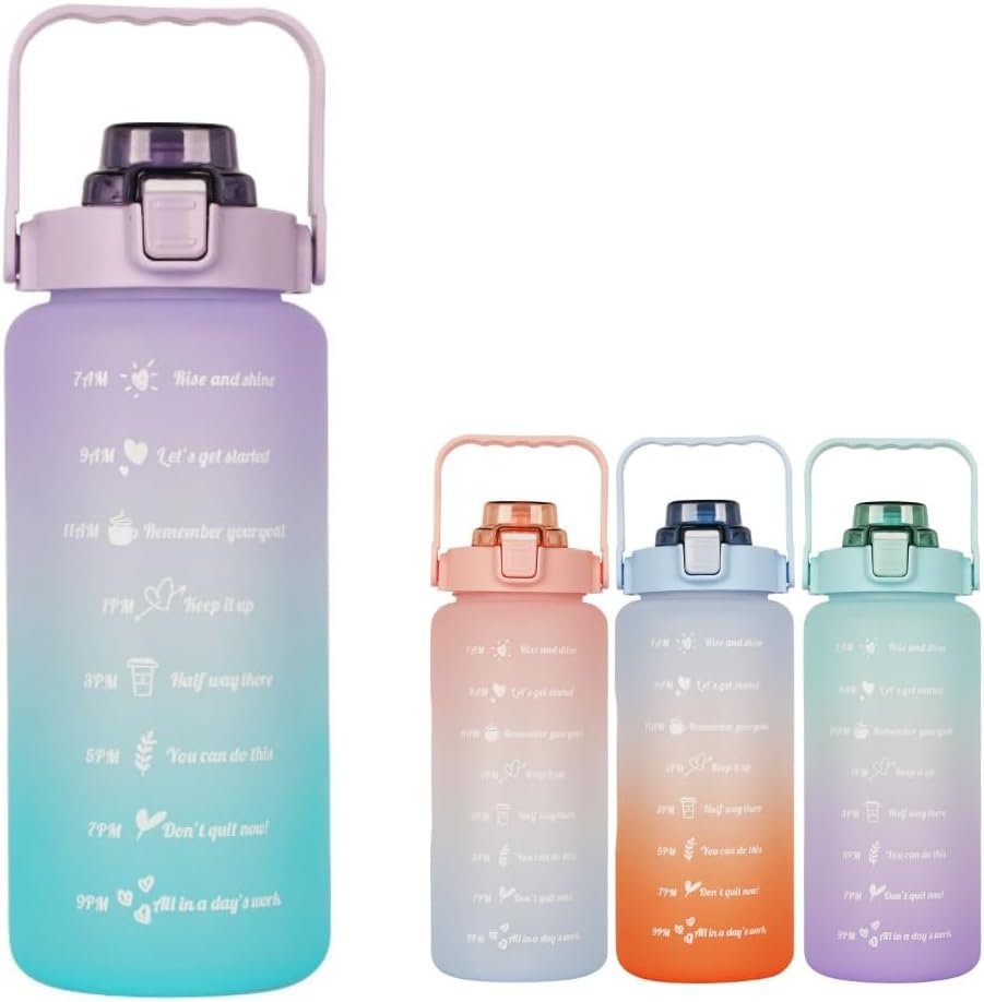 Large Motivational Water Bottle with Straw Time Marker BPA Free for Sport and Fitness (64 Oz/Half Gallon) (cyan-blue-purple)