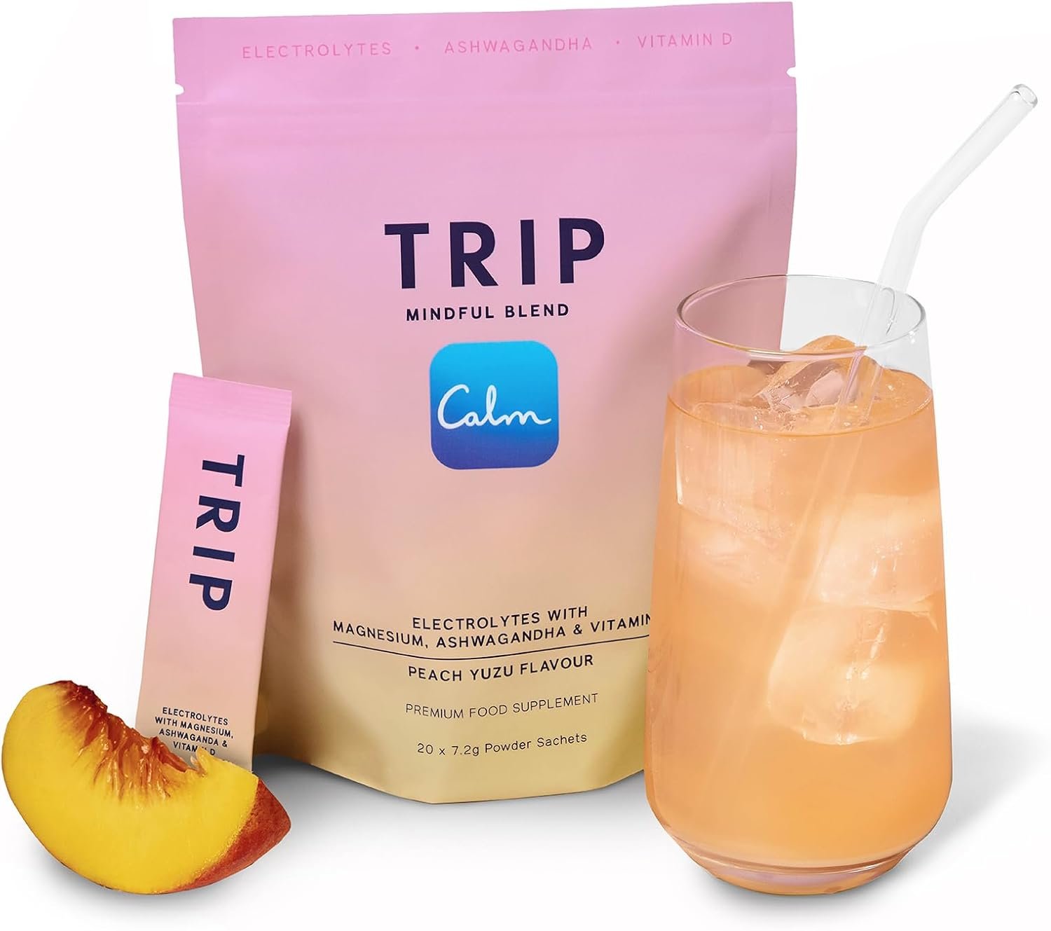 TRIP Electrolytes Powder Packets with Magnesium, Ashwagandha & Vitamin D. Peach Yuzu Daily Hydration Packets, Vegan, Electrolyte Drink Mix, Calming Hydration Powder, 20 Sachets