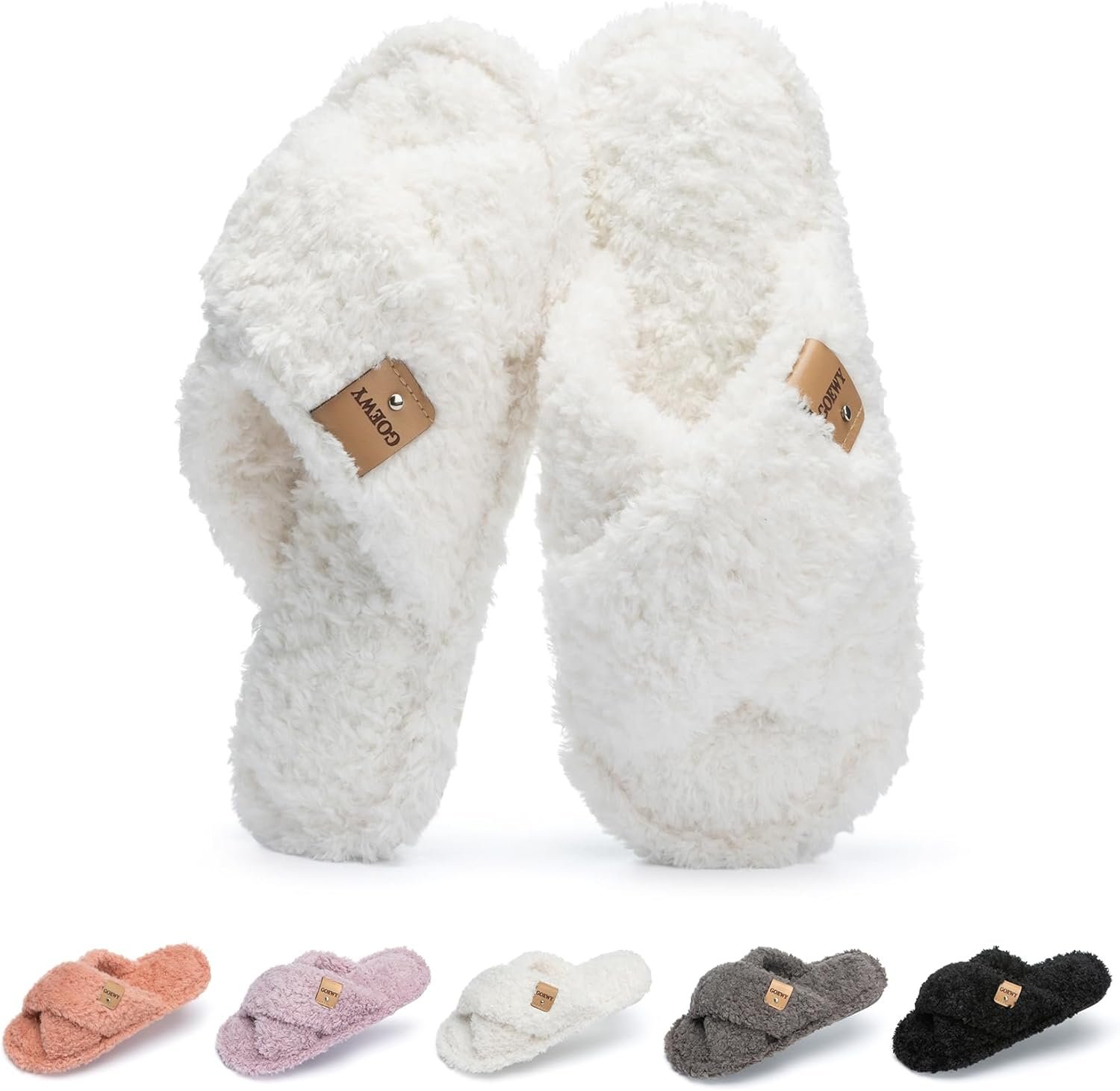 GOEWY Fuzzy Open Toe Slippers for Women Indoor and Outdoor with Memory Foam Cozy Cross Band Women’s Slipper Cute Soft House Shoes Slip On Gifts for Womens Mom Her Ladies Bridesmaid