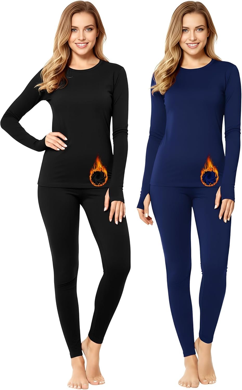 Patelai 2 Pack Womens Thermal Underwear Fleece Lined Base Layer Set Long Sleeves Cold Weather Top Bottom Winter Pajama Set