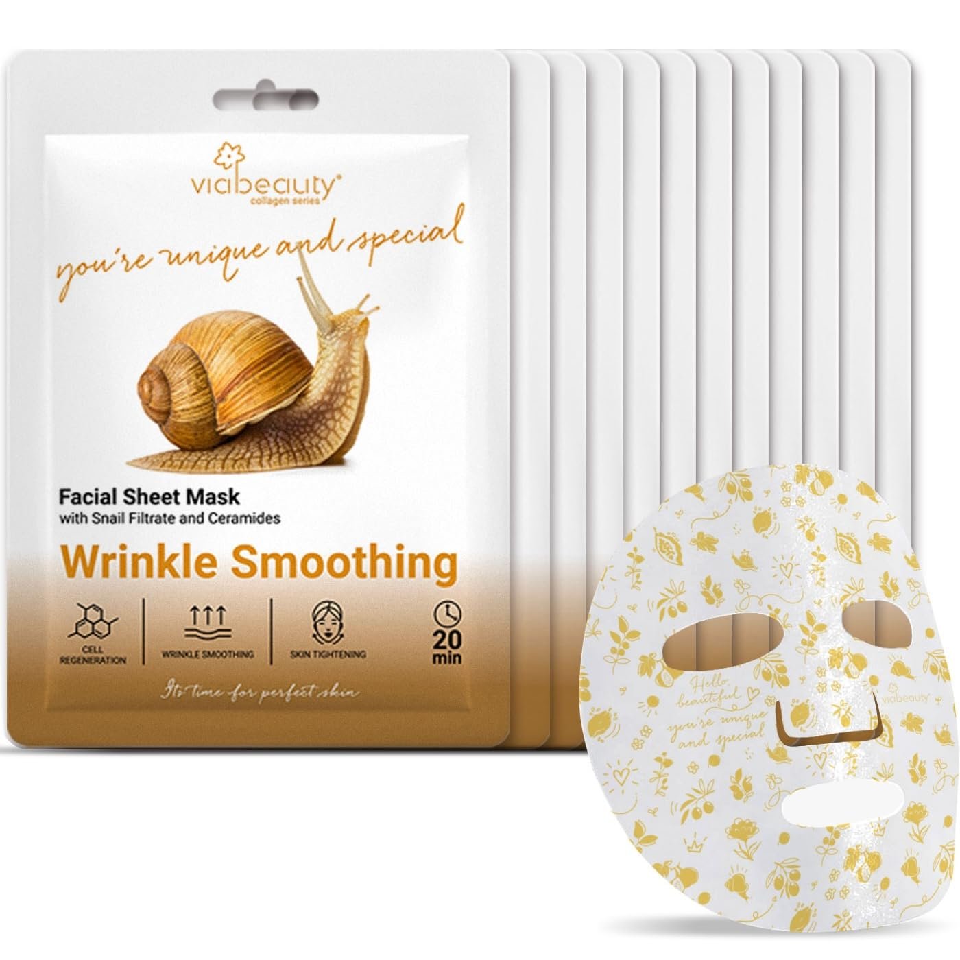 VIABEAUTY 12 Pack of Snail Mucin Mask Collagen Face Mask with Ceramides & Hyaluronic Acid Facial Sheet Mask – Rejuvenating, Deep Hydrating & Moisturizing Face Masks Skincare for All Skin Types