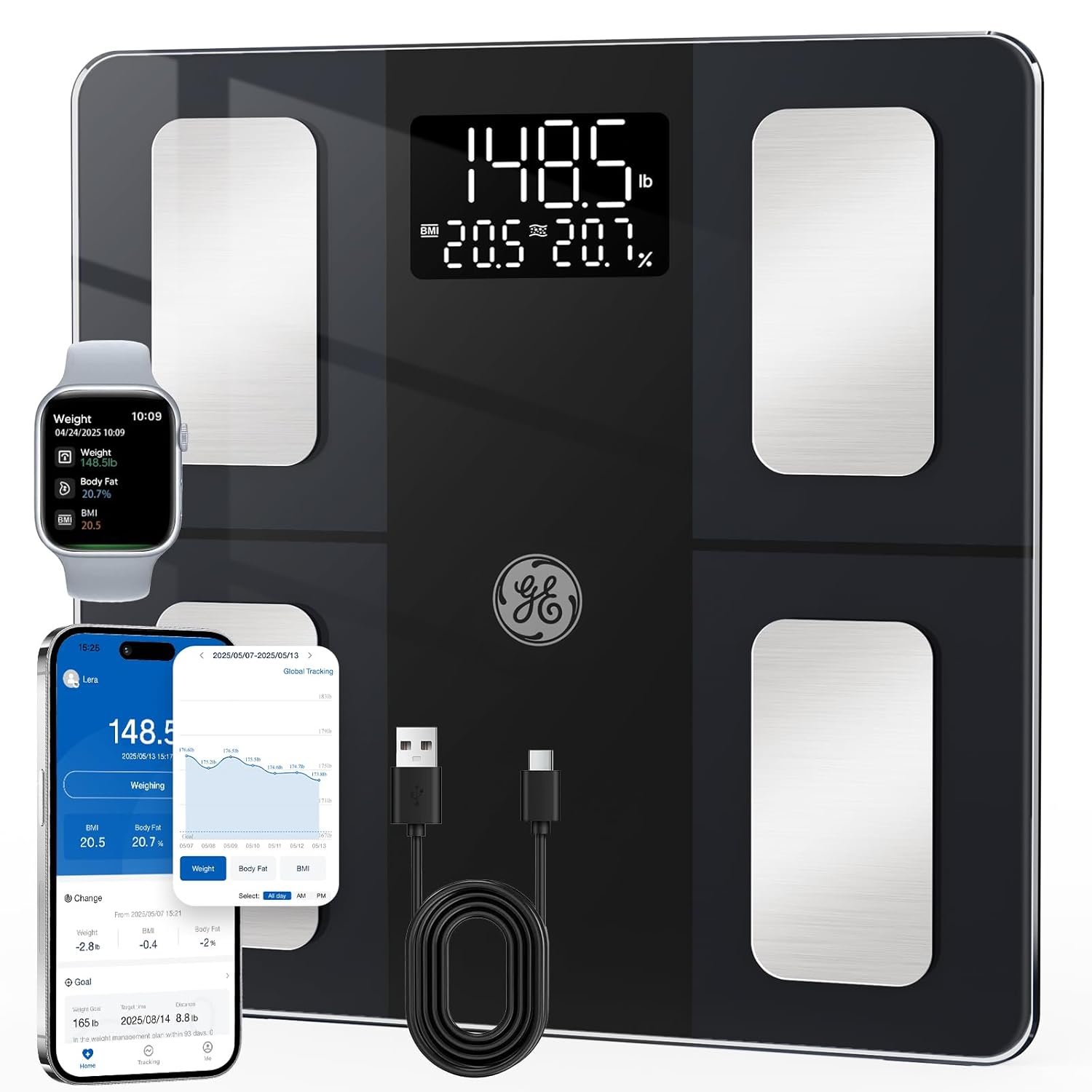 GE Smart Scale for Body Weight and Fat, Digital Bathroom Scales BMI Body Fat – Bluetooth 13 Body Composition Monitor for Muscle Mass People with App, Accurate 400lb Weighing, Rechargeable-Black