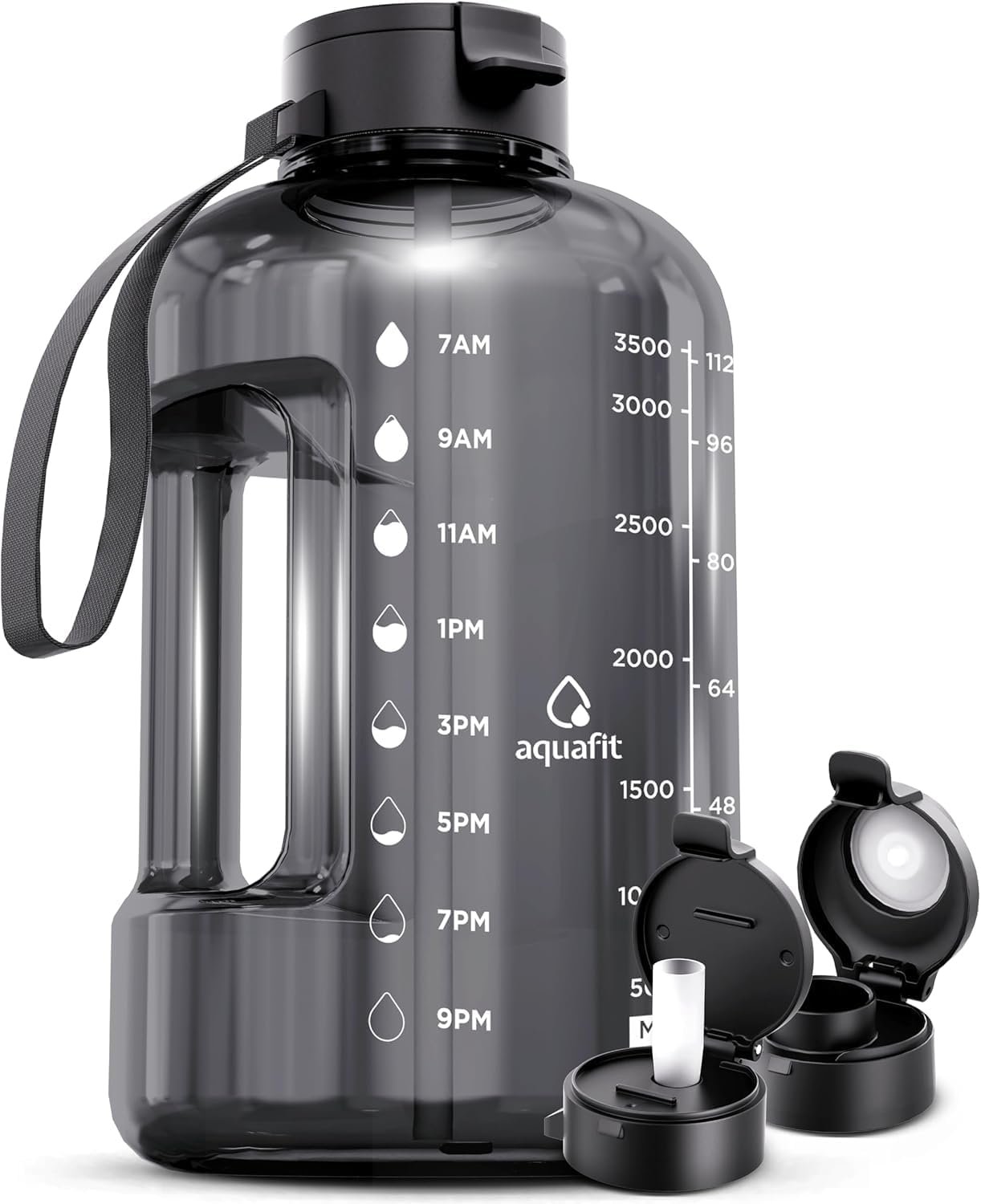 AQUAFIT 1 Gallon Water Bottle with Time Marker – Straw & Chug Lid – BPA Free Gym Water Bottle with Straw – Big Gallon Jug (Gray, 128 oz – 2 Lids)