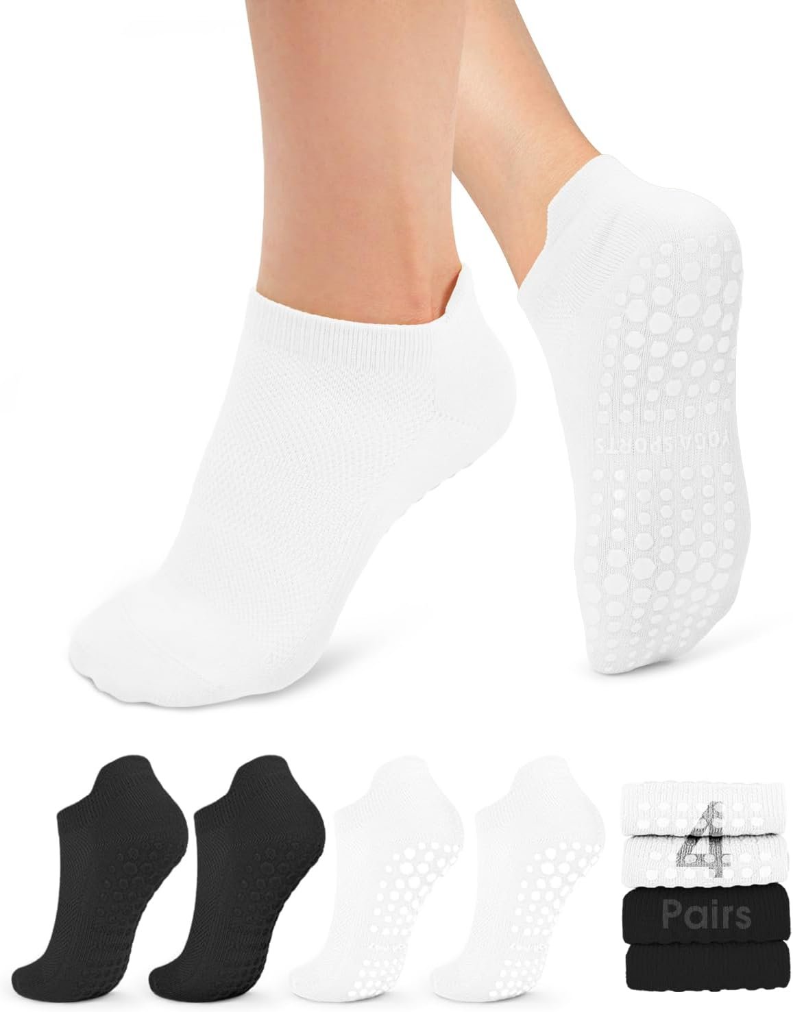 yeuG Pilates Socks for Women Non Slip Grip Socks for Yoga, Barre, Hospital, Barefoot Grippy Yoga Sock Womens Gifts 4 Pairs