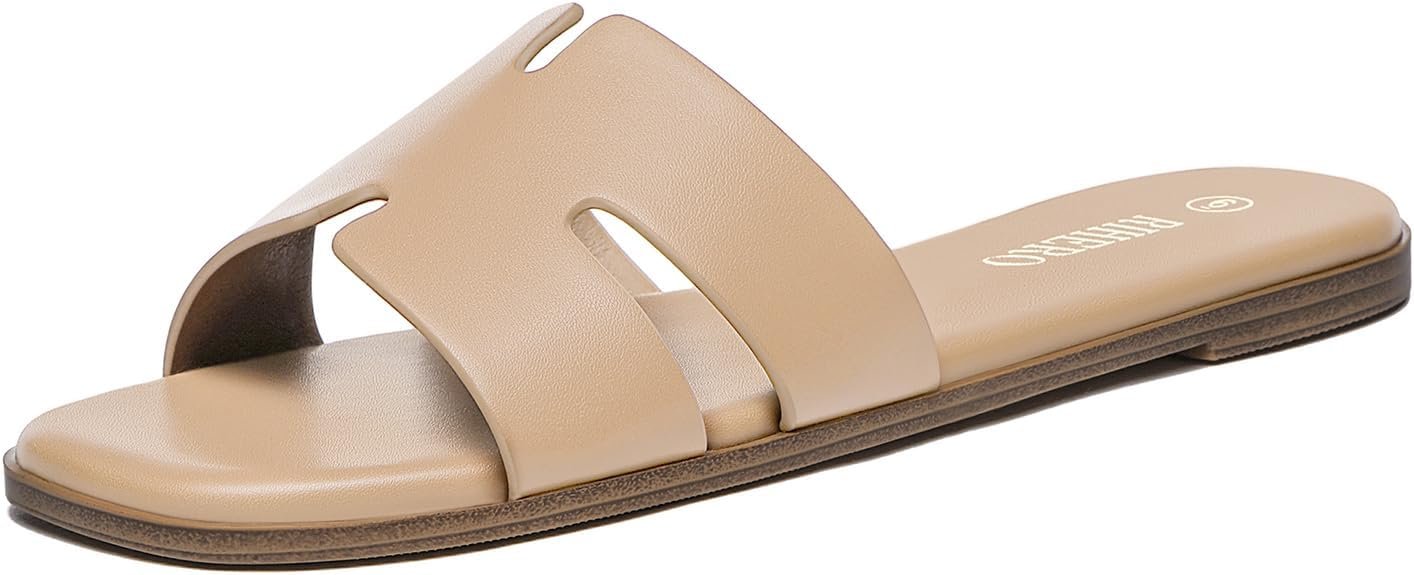 Rihero Women’s Dressy Flat Sandals Comfortable Slip On Leather Slide Sandals